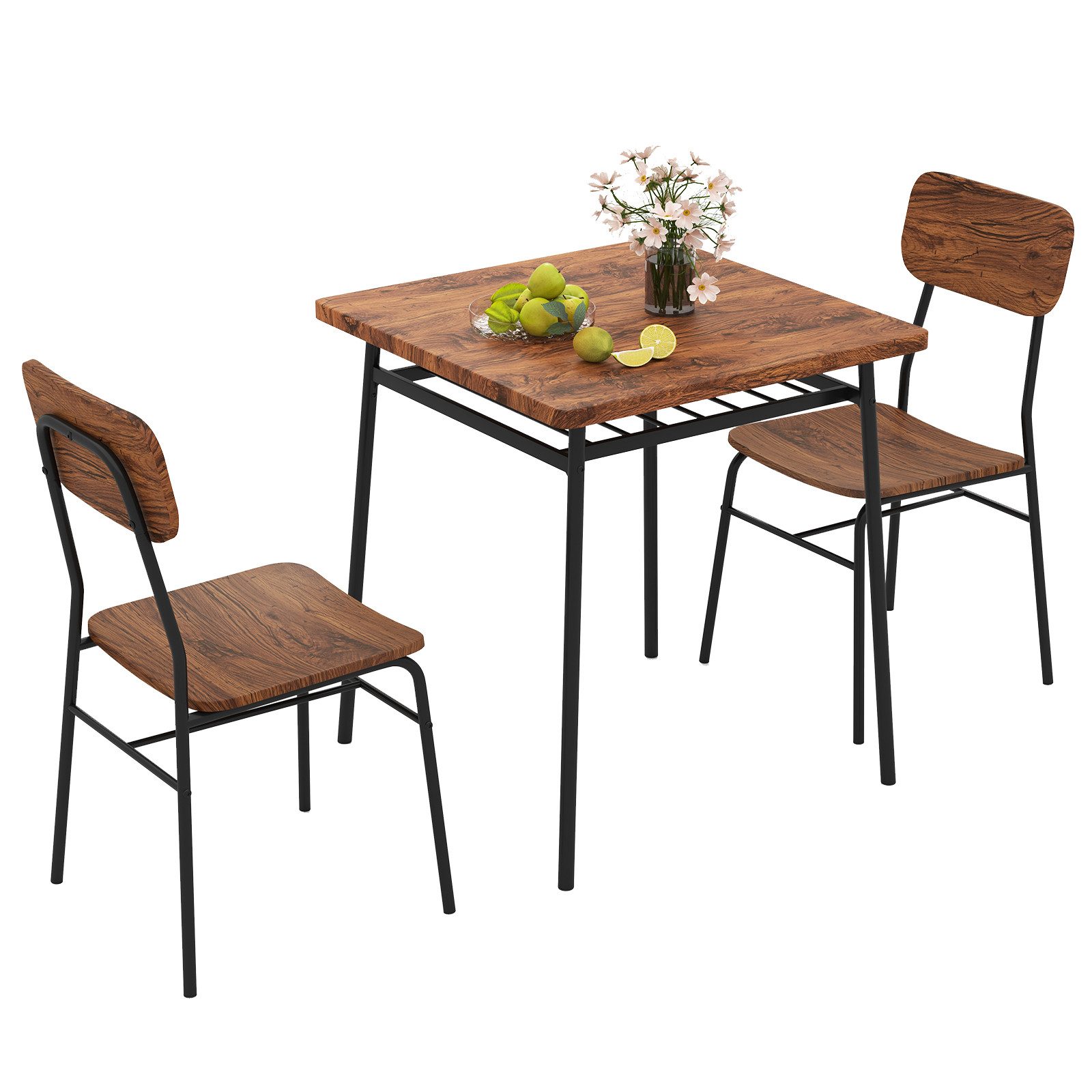 COSTWAY Essgruppe, (3-tlg), Esstisch mit 2 Stühlen, Ablageregal & Metallrah günstig online kaufen