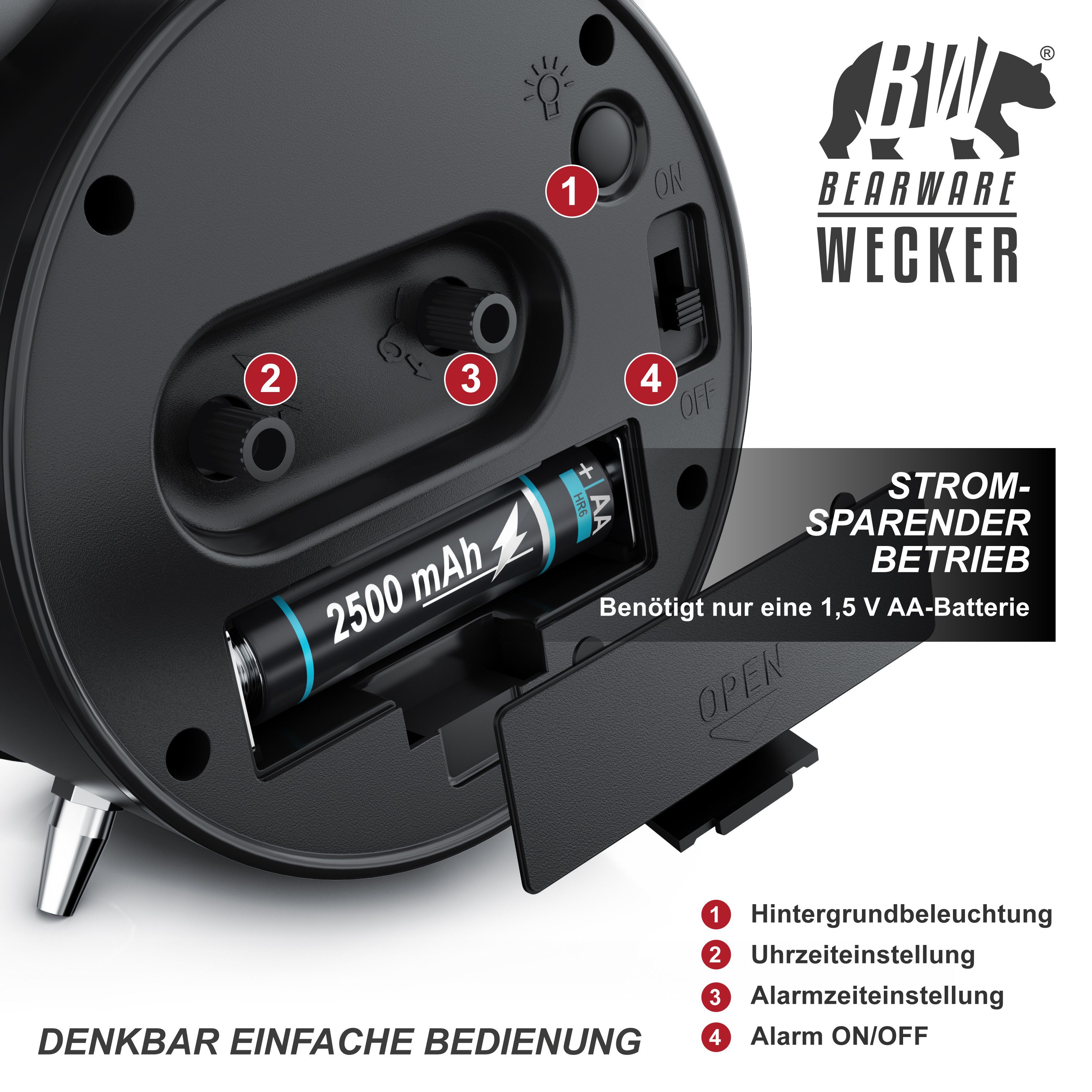 BEARWARE Wecker Analog, rund, mit Licht, Retro, lauter Glockenalarm für Tiefschläfer Einfache Bedienung, weiße Tafel, Beleuchtet, ohne Ticken, Vintage