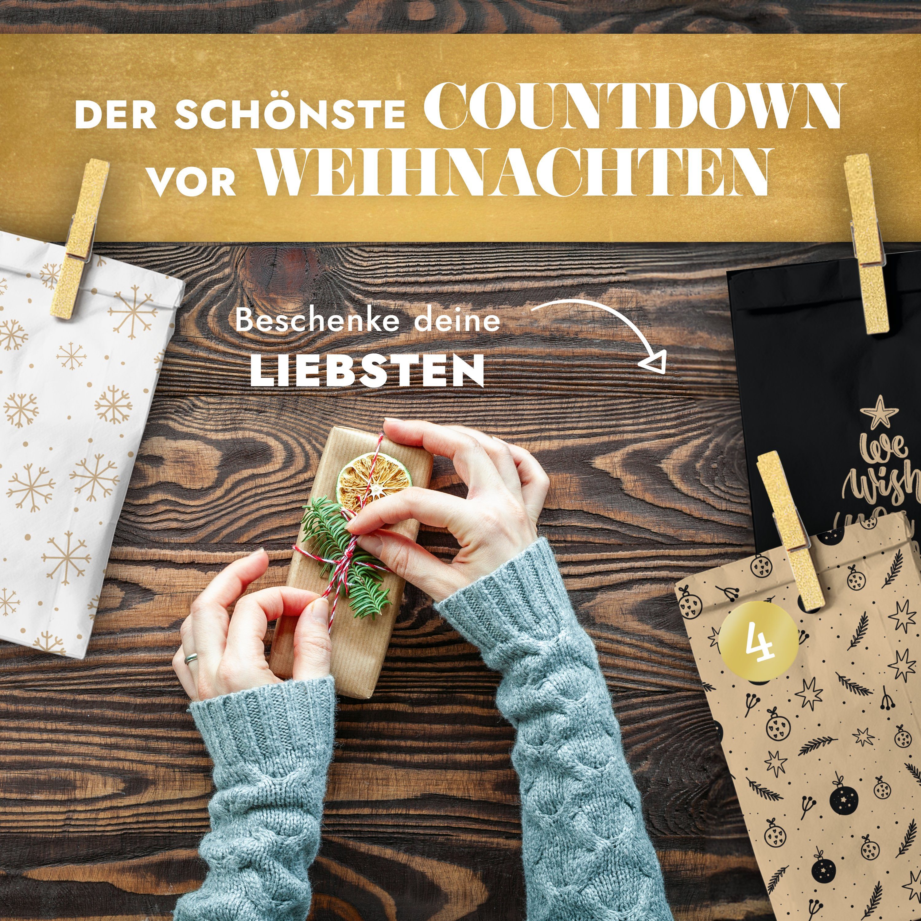 Amari befüllbarer Adventskalender Adventskalender zum Befüllen 2026, 24 Papiertüten 14×22 cm mit Zahlen (DIY Set, 72-tlg), Designs für Kinder & Erwachsene, wied – Bild 3 von 5