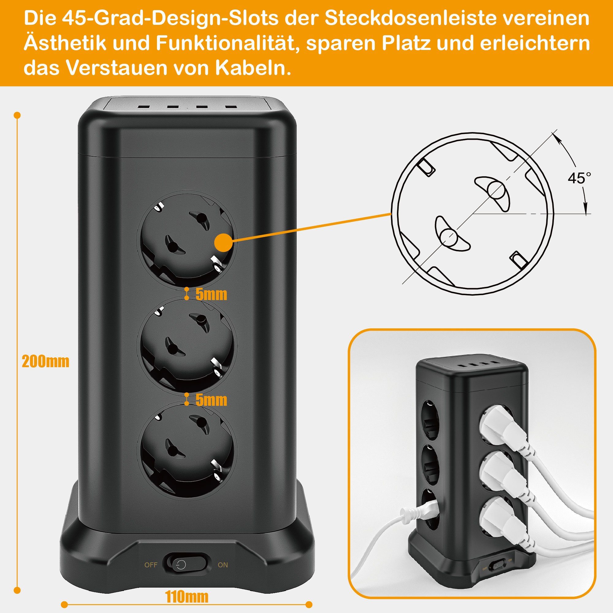 neue dawn 12 Fach Mehrfachsteckdose mit 4 USB Steckdosenturm Steckdosenleiste Mehrfachsteckdose 12-fach (12 AC-Steckdosen, 4 USB A, mit überspannungsschutz, Kab – Bild 4 von 5