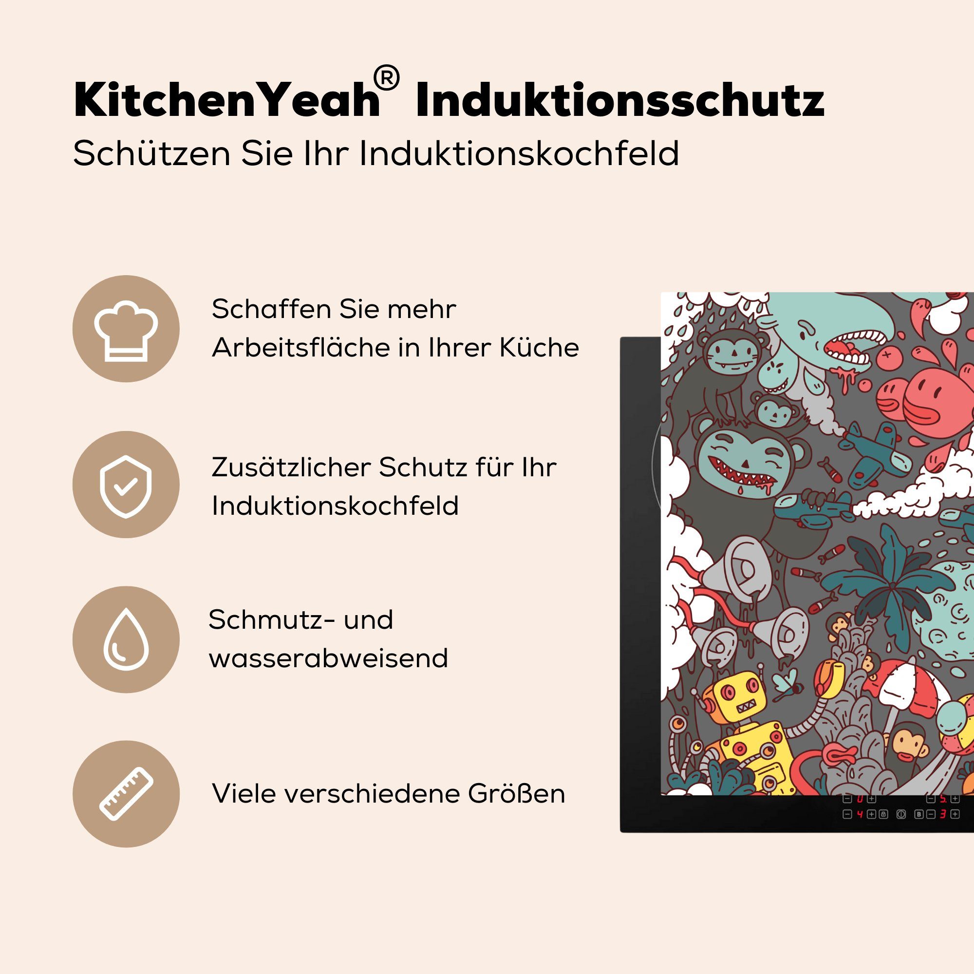 küche Arbeitsplatte Ceranfeldabdeckung, verspielten (1 Vinyl, MuchoWow Illustration Herdblende-/Abdeckplatte cm, tlg), für von 78x78 Monstern,