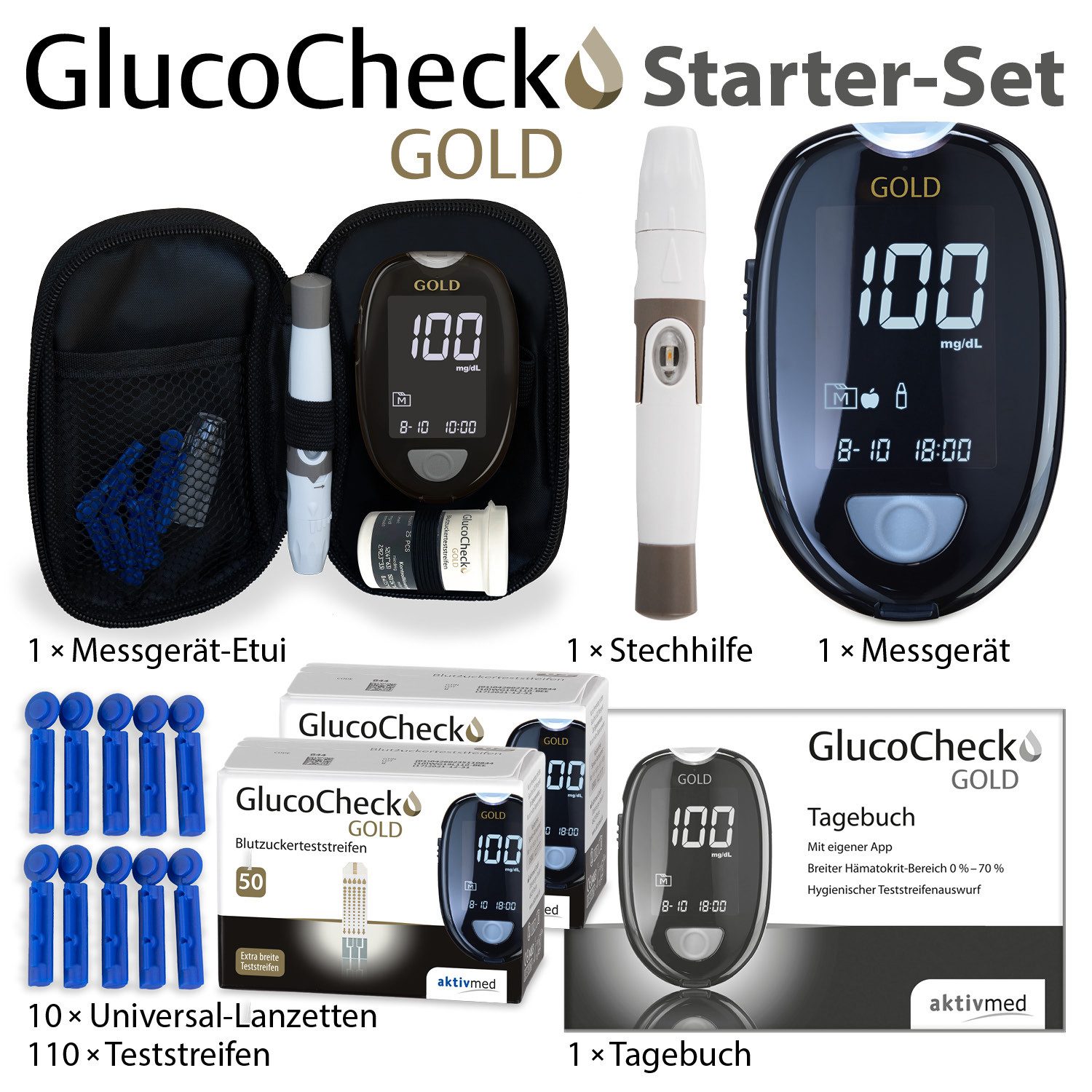 GlucoCheck Blutzuckermessgerät GlucoCheck GOLD Starter-Set mit 110 Teststreifen mg/dl