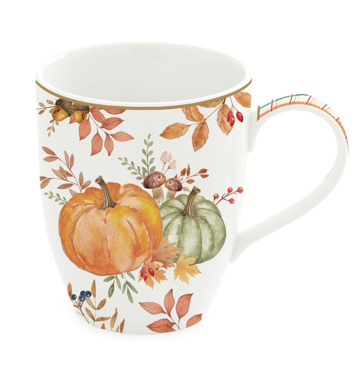 EasyLife Tasse Harvest, Porzellan, Spülmaschinengeeignet, Mehrfarbig, Kürbis, Blätter + Karos, H: 12.5cm