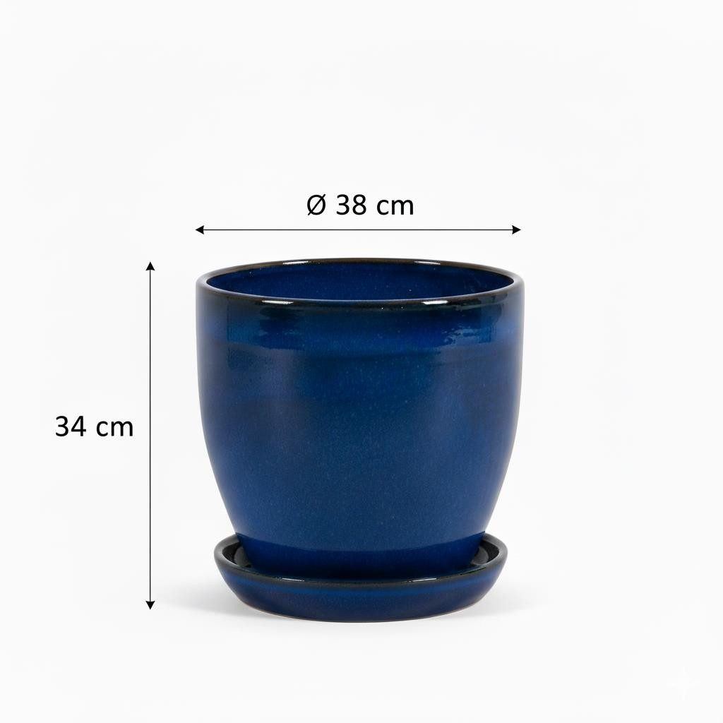Teramico Pflanzkübel Pflanzgefäß Modell "EggPot" 38cm Keramik in Royal Blau mit Teller, 100% Frostfest