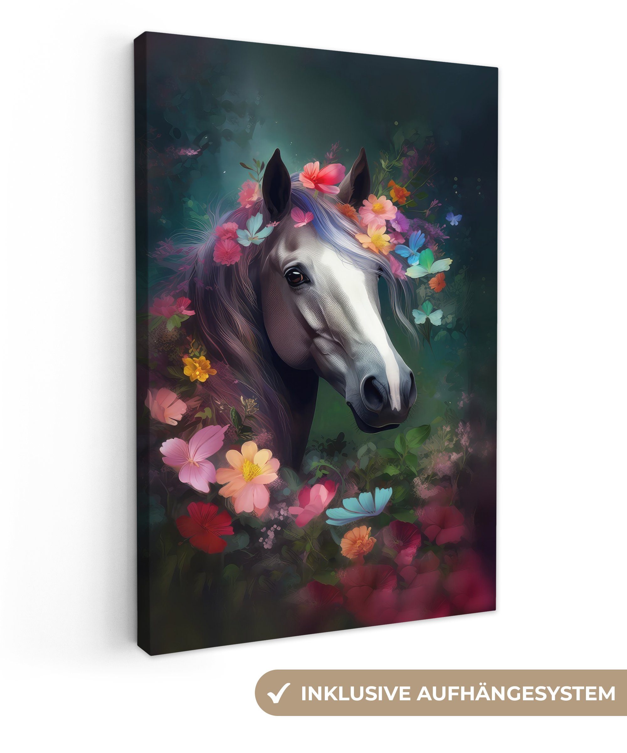 OneMillionCanvasses® Leinwandbild Pferd - Natur - Blumen - Wald - Tiere, (1 St), Leinwandbild fertig bespannt inkl. Zackenaufhänger, Gemälde, 20x30 cm