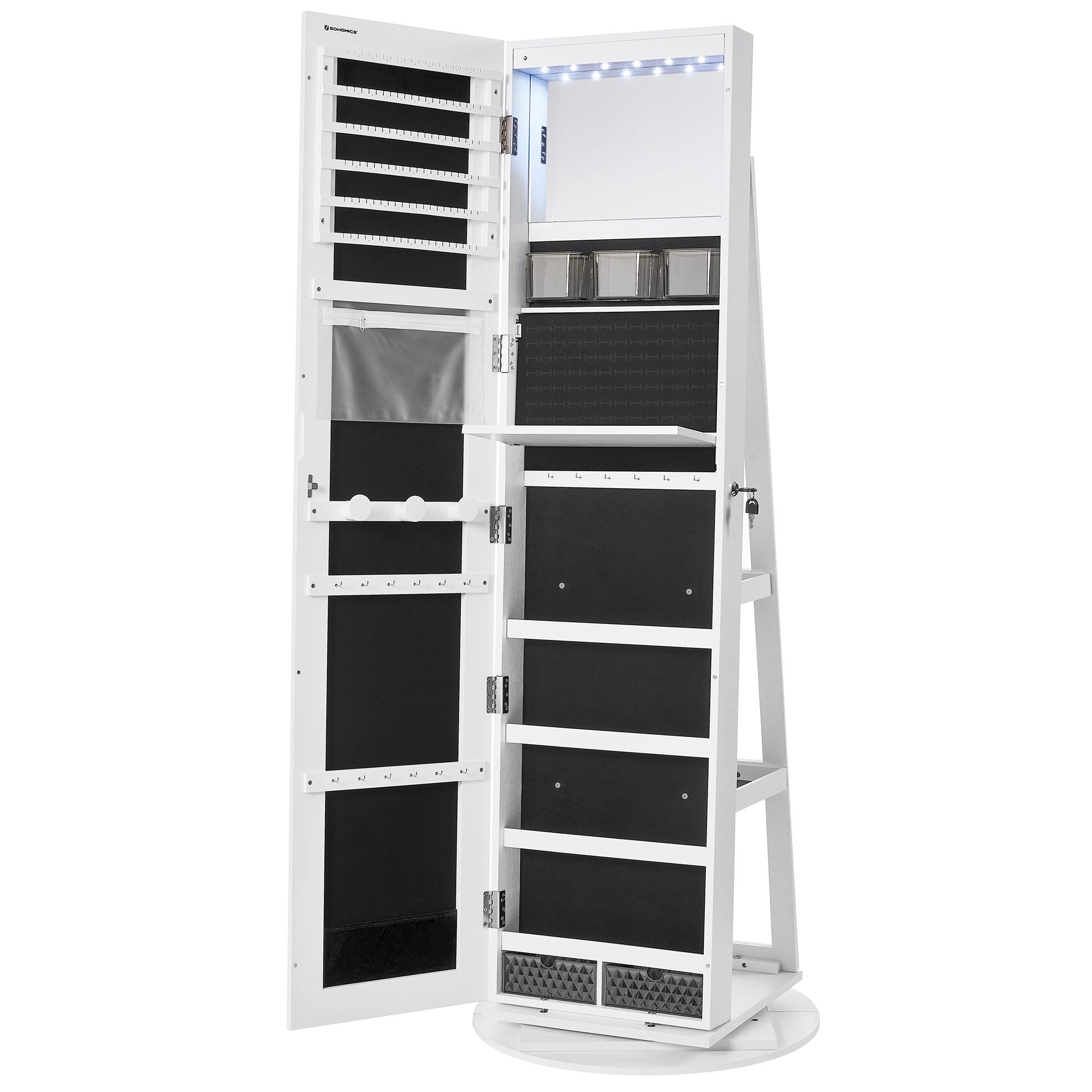 SONGMICS Schmuckschrank mit LED und Spiegel, 3 Ablagen, 360° drehbar, weiß