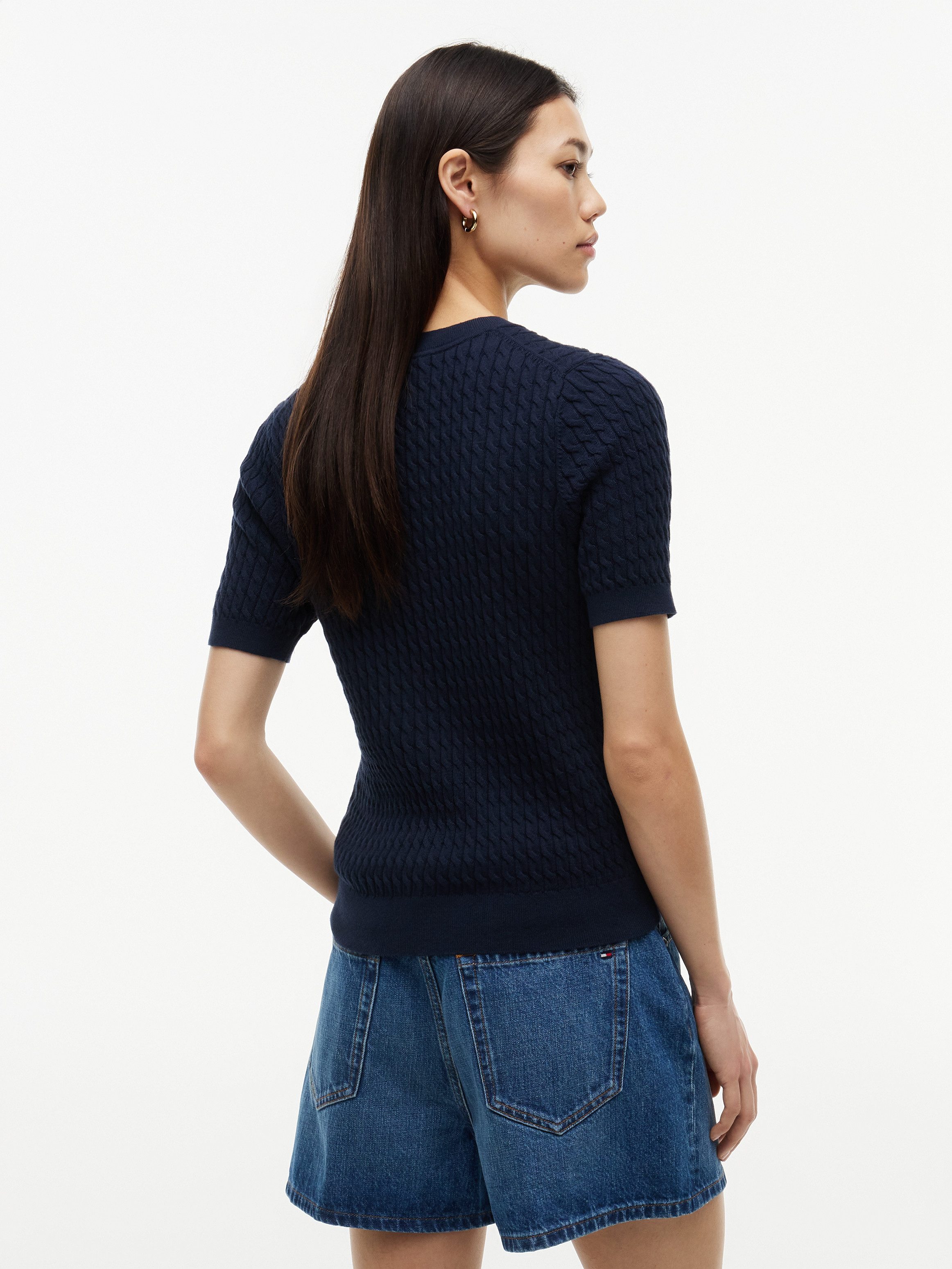 Tommy Hilfiger Kurzarmpullover CO CABLE RWB C-NK SS SWT Baumwolle, mit Zopfmuster