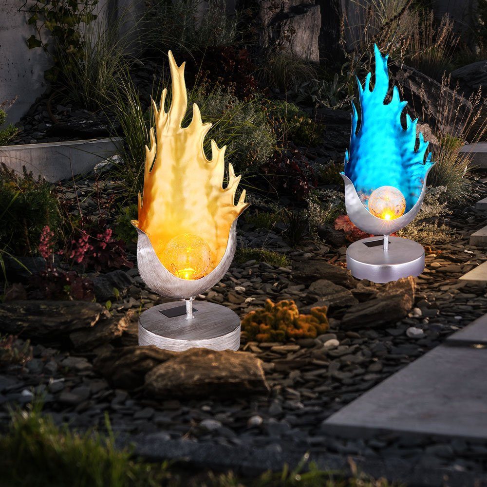 etc-shop Gartenleuchte, LED-Leuchtmittel fest verbaut, 2er Set LED Solar Steh Lampen Flammen Design Feuer Effekt Außen