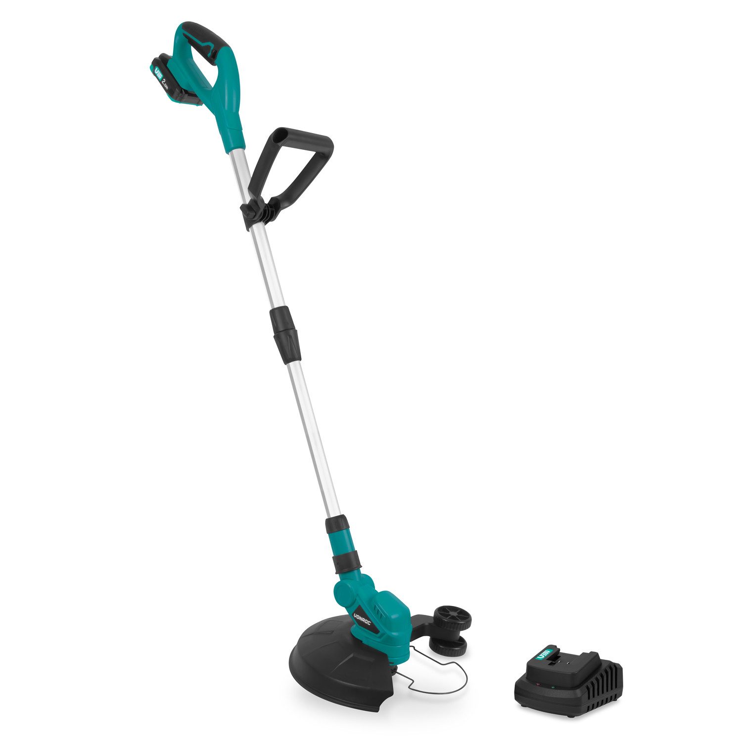 VONROC Akku-Rasentrimmer 250mm - Trimmer für Garten mit Kabel - Kantenschneider Rasen, - Tap and Go System inkl. 2x4M Drahtspule, Inkl. 2.0Ah Akku