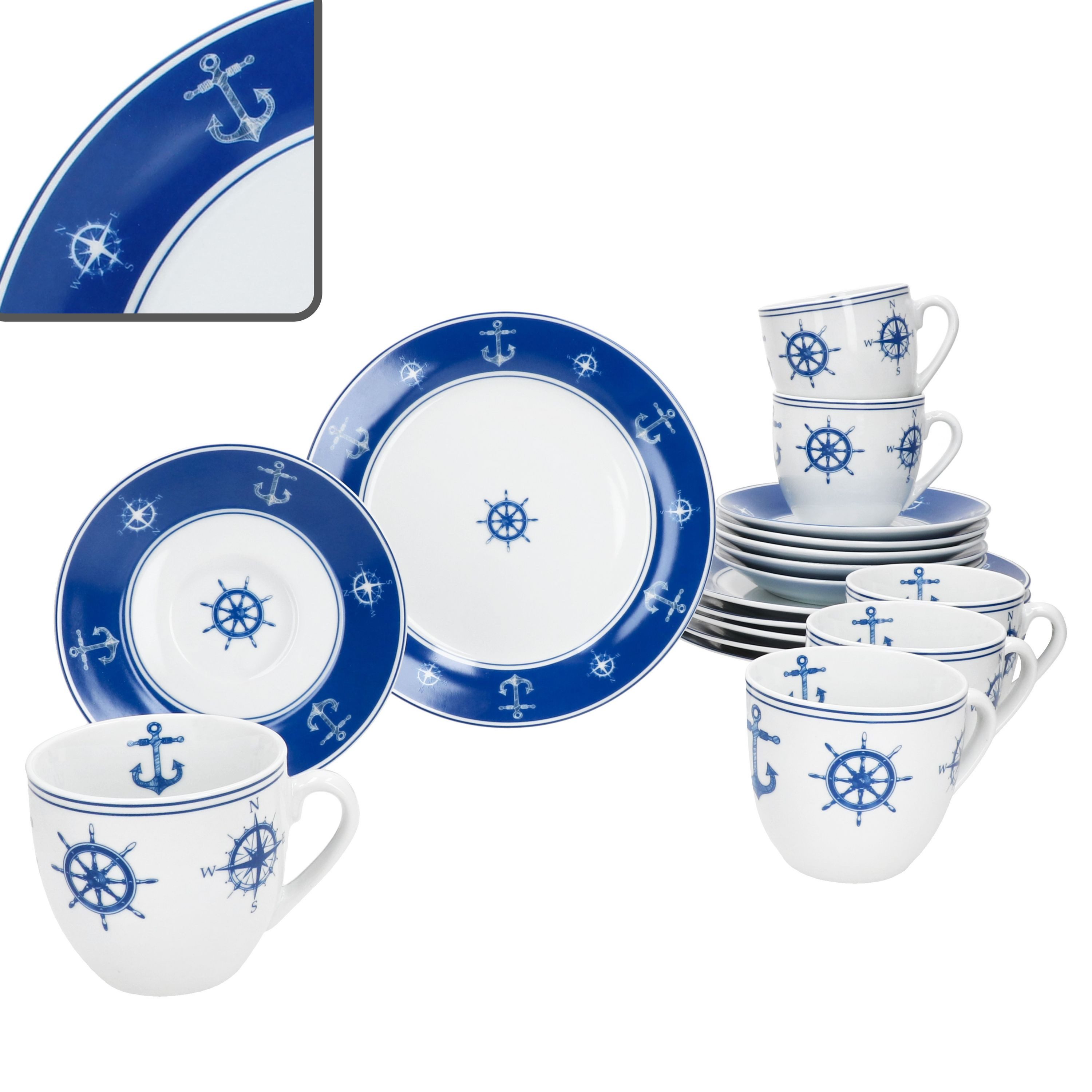MamboCat Кофейный сервиз Ahoi 18tlg Кофейный сервиз Porzellan 6Pers Tasse Teller Anker nautisch, Porzellan