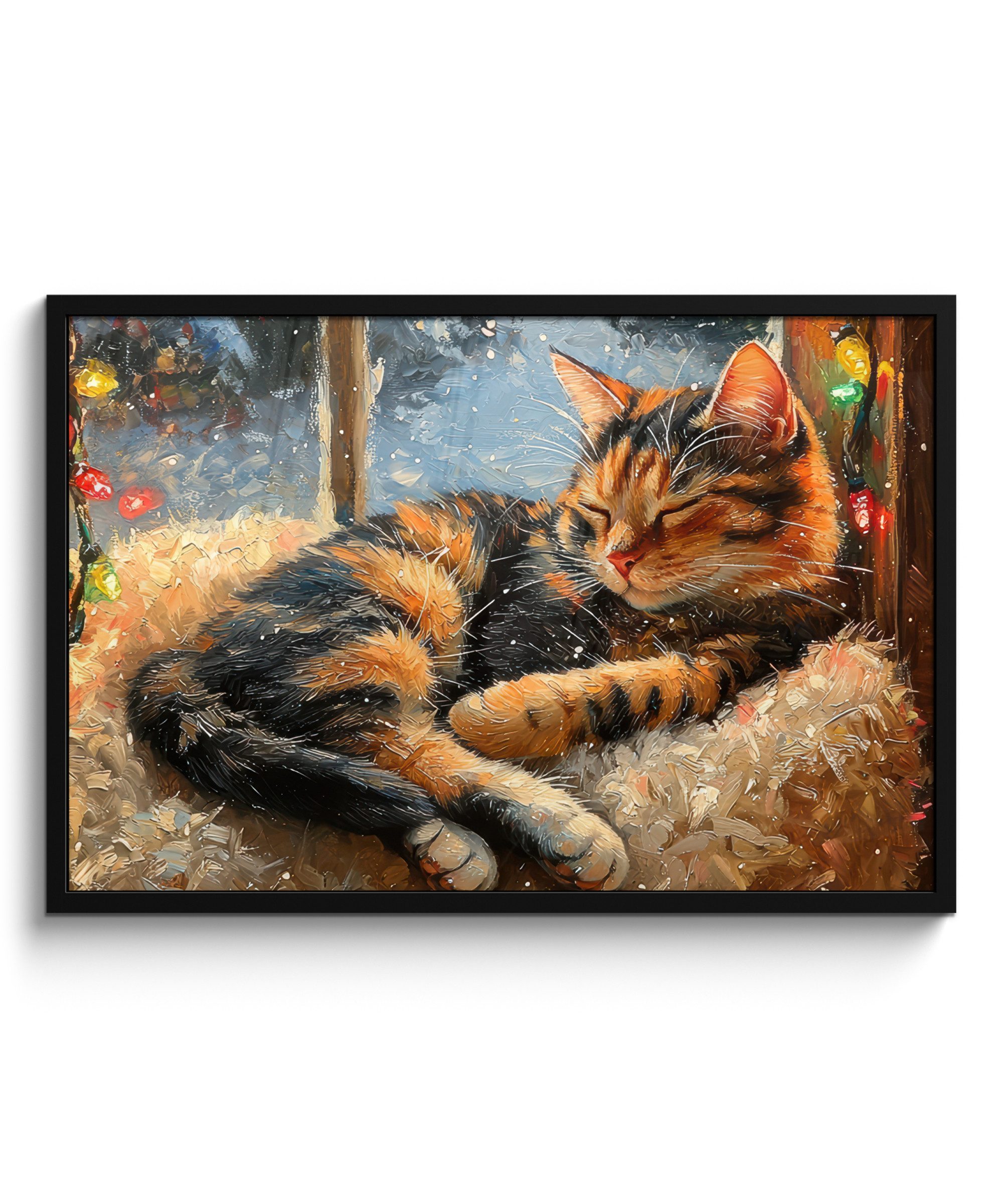MuchoWow Poster Katze - Weihnachten - Winter - Tier, (1 St), Bilderrahmen mit Posterleiste, Wand Dekoration, 90x60 cm