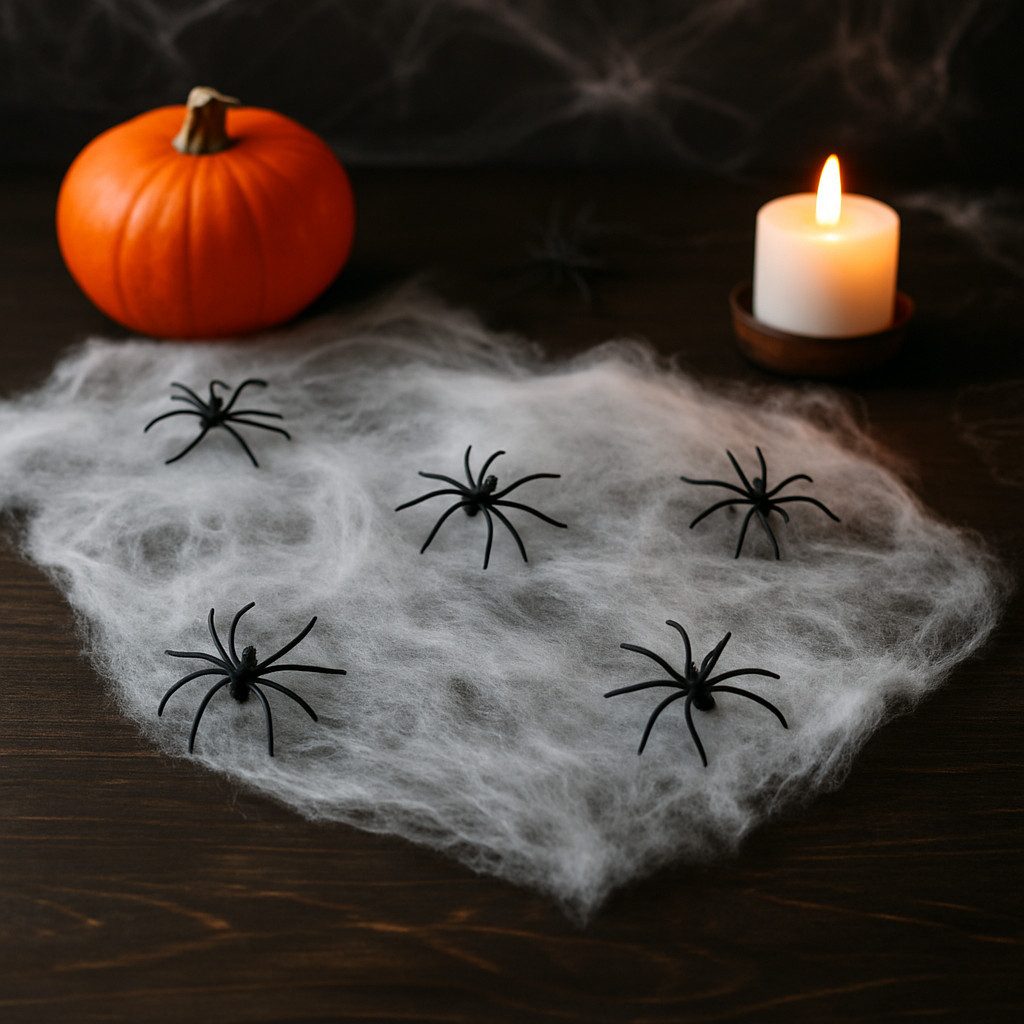 Boland Hängedekoration Spinnennetz mit 6 Spinnen Halloween Deko Party Zubehör weiß (1 St), Gruselig, flexibel, vielseitig