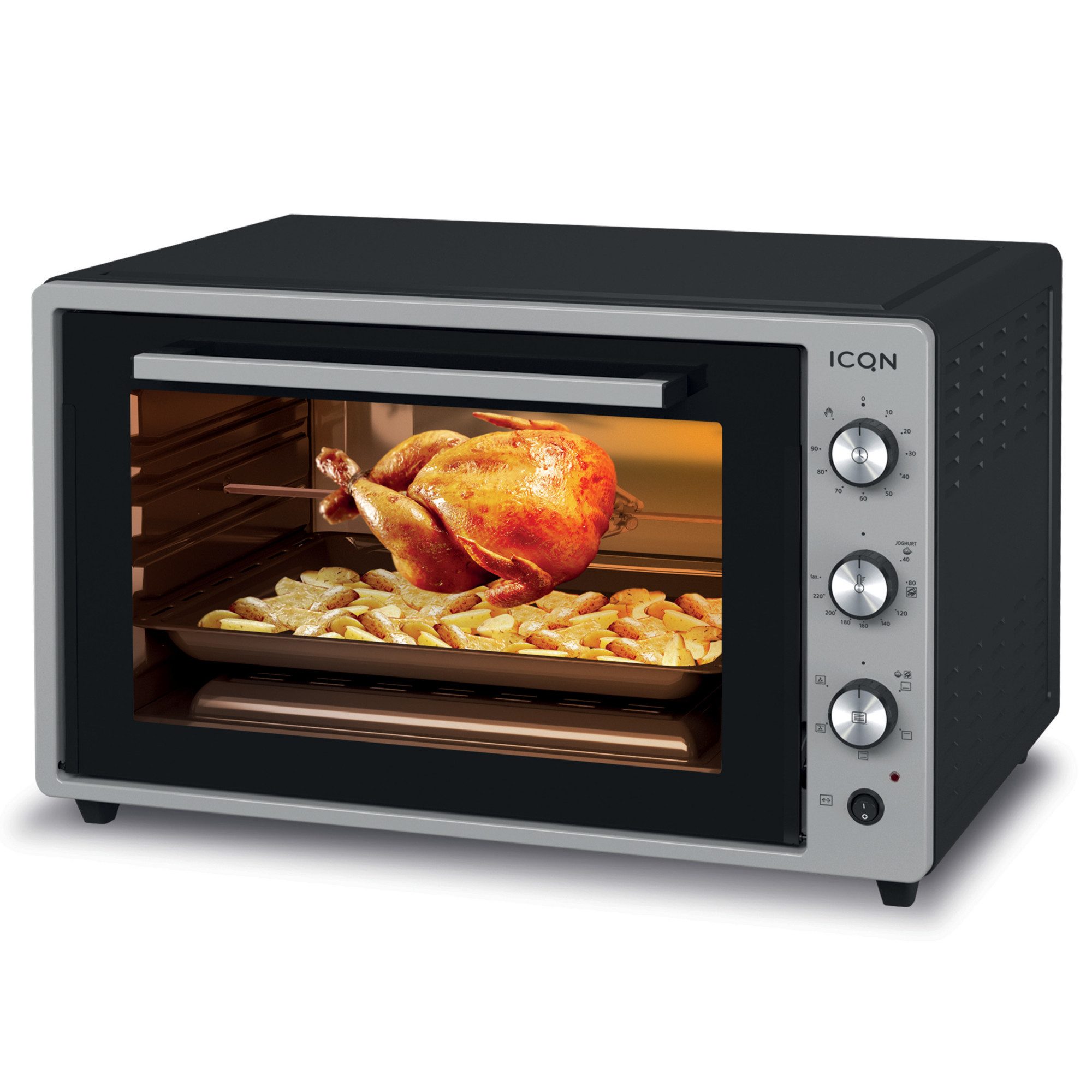 ICQN Minibackofen 60 Liter XXL, inkl. Backblech Set, 40°-230°C, Umluft, Pizza-Ofen, Doppelverglasung, Drehspieß, Timer, Emailliert