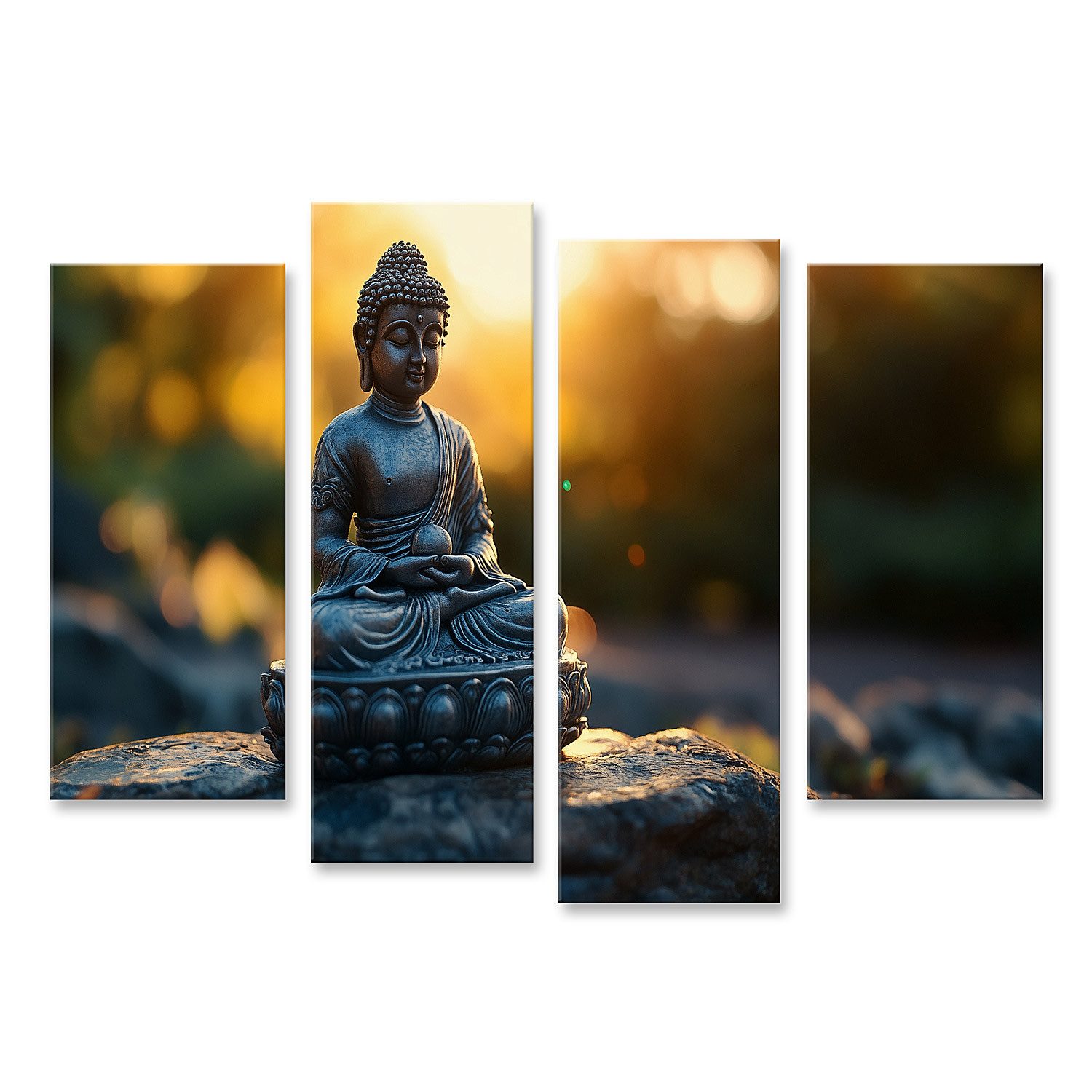 islandburner Leinwandbild Buddha Statue bei Sonnenuntergang im Garten