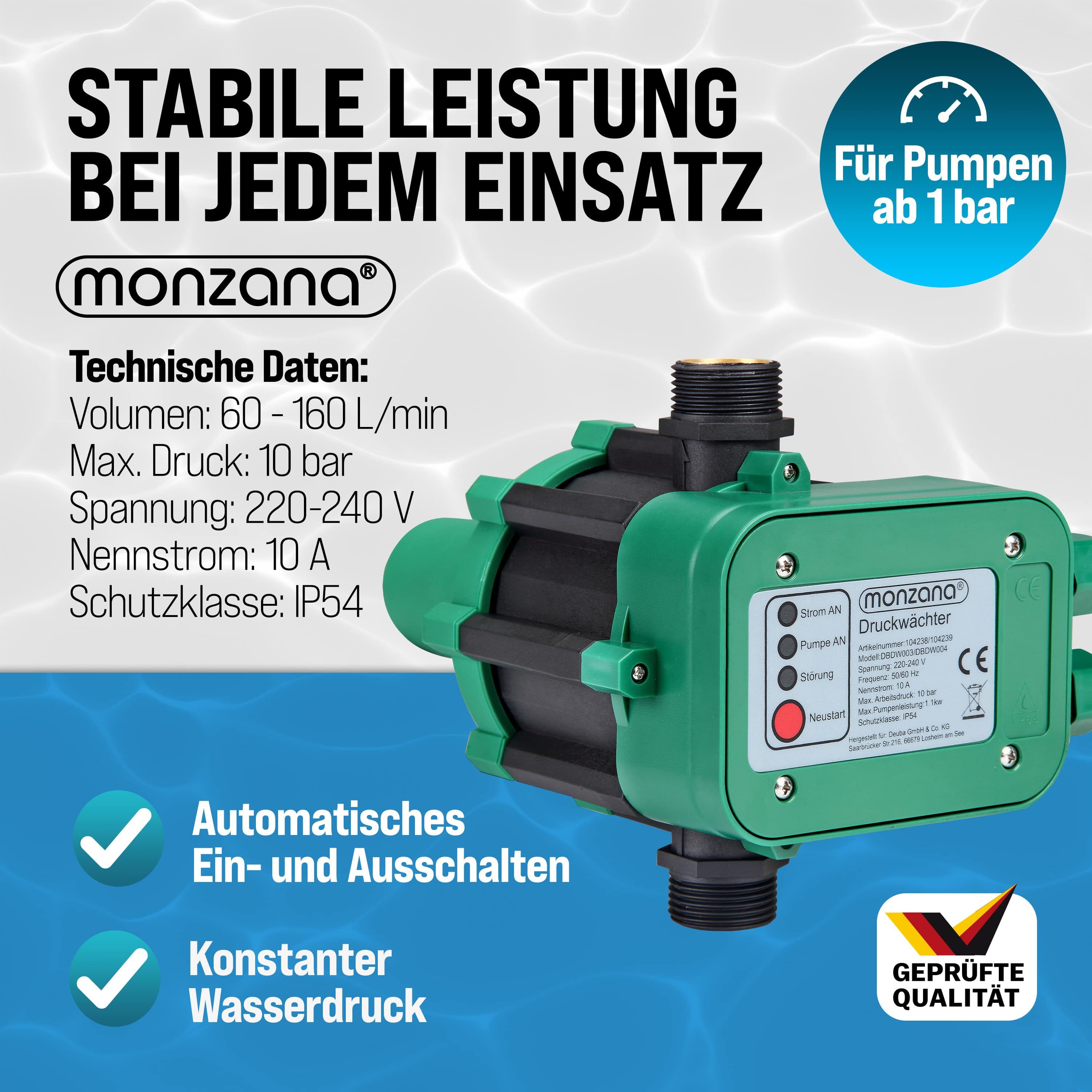 monzana Wasserpumpe, Druckschalter mit Kabel 10 Bar Gartenbewässerung Pumpensteuerung
