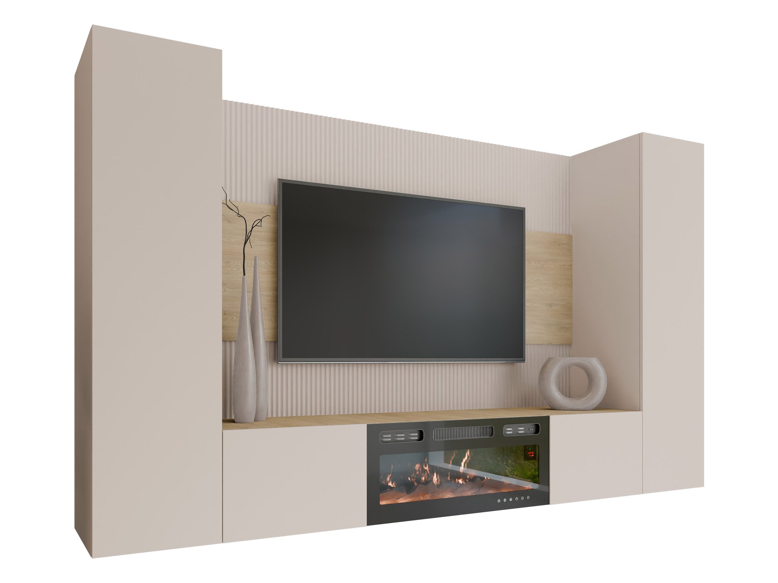 MIRJAN24 Wohnwand Deromi V mit Kamin, (4er-Set, TV-Lowboard mit Wandpaneel, 2x Hängeschrank), Realistische LED-Flamme, Push to open – Bild 2 von 5