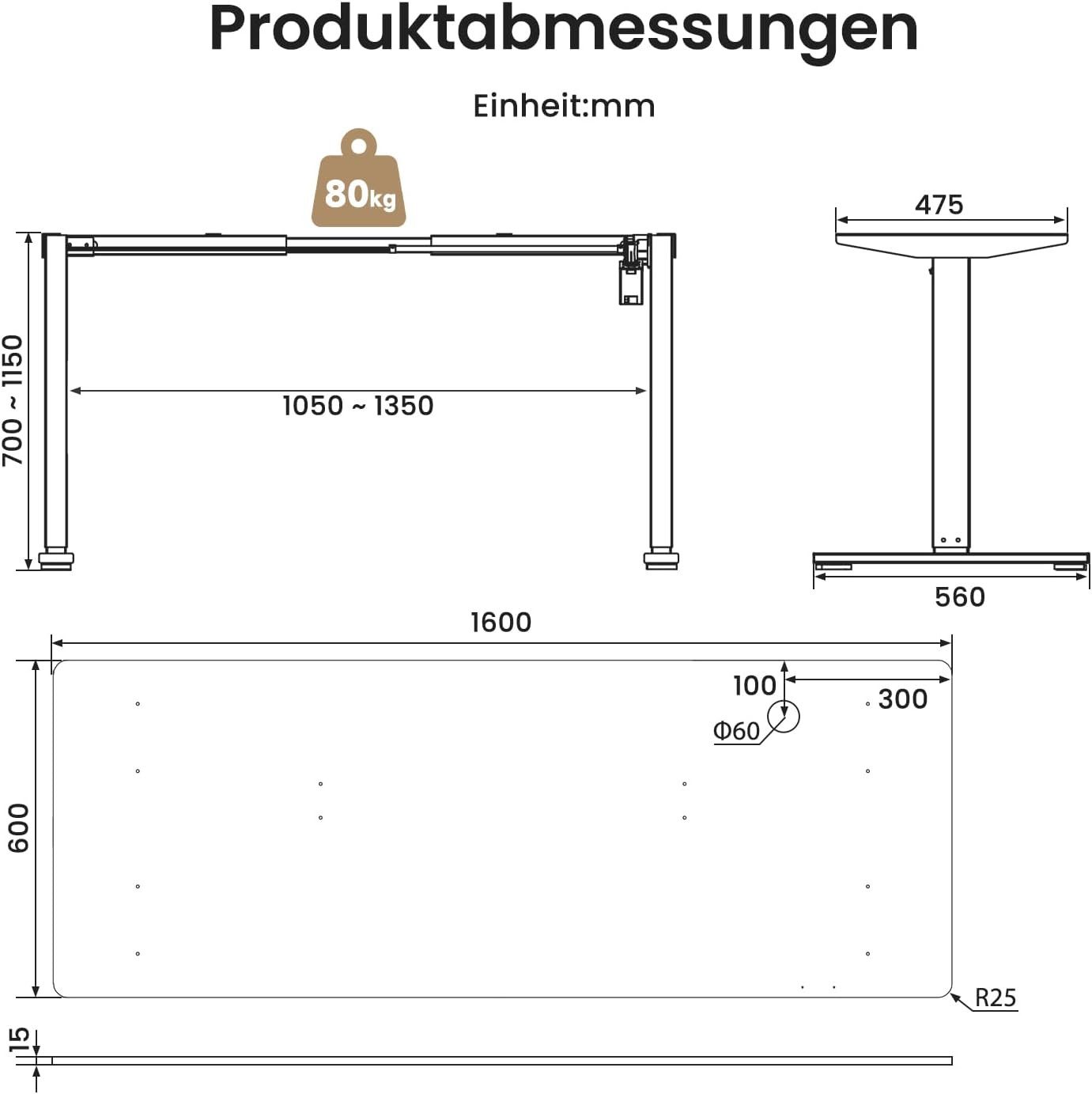 SONNI Schreibtisch Elektrisch Höhenverstellbarer Schreibtisc Bürstenloser Motor, mit 3 Memory-Funktionen, Anti-Kollisionssystem, Kabelmanagement