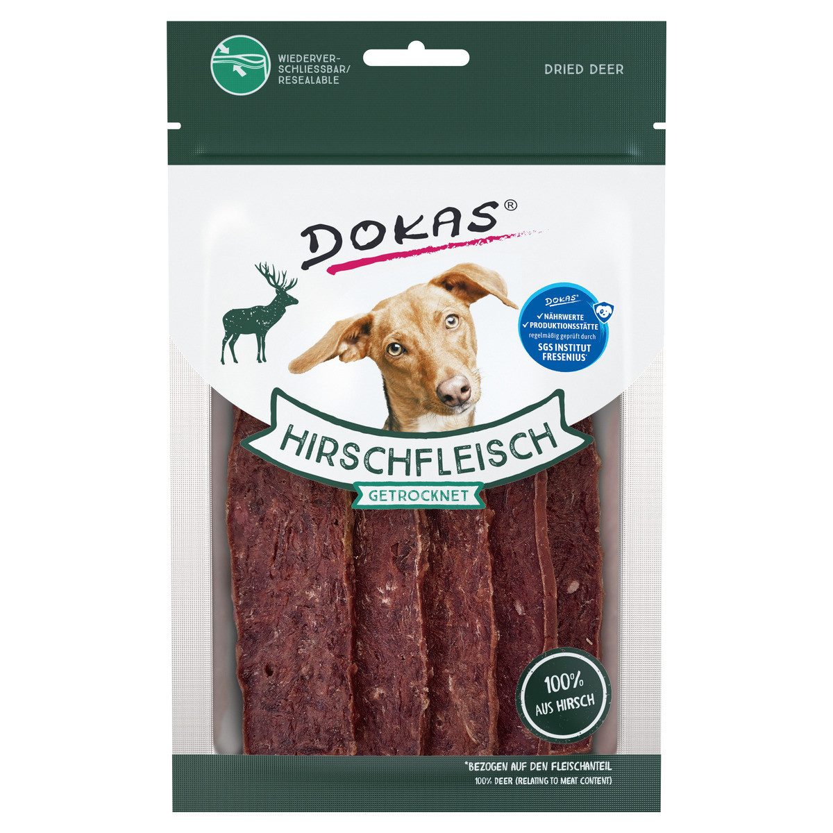 Dokas Hirschfleisch getrocknet 60 g - 12 Stück - Sparpaket, Snack für: Hund