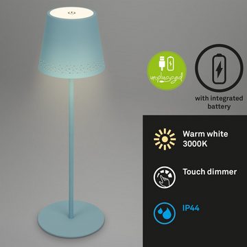 Briloner Leuchten Außen-Tischleuchte 7438010, LED fest verbaut, Warmweiß, taubenblau, Touchdimmer, USB Aufladung, Batterie, 3000K, IP44