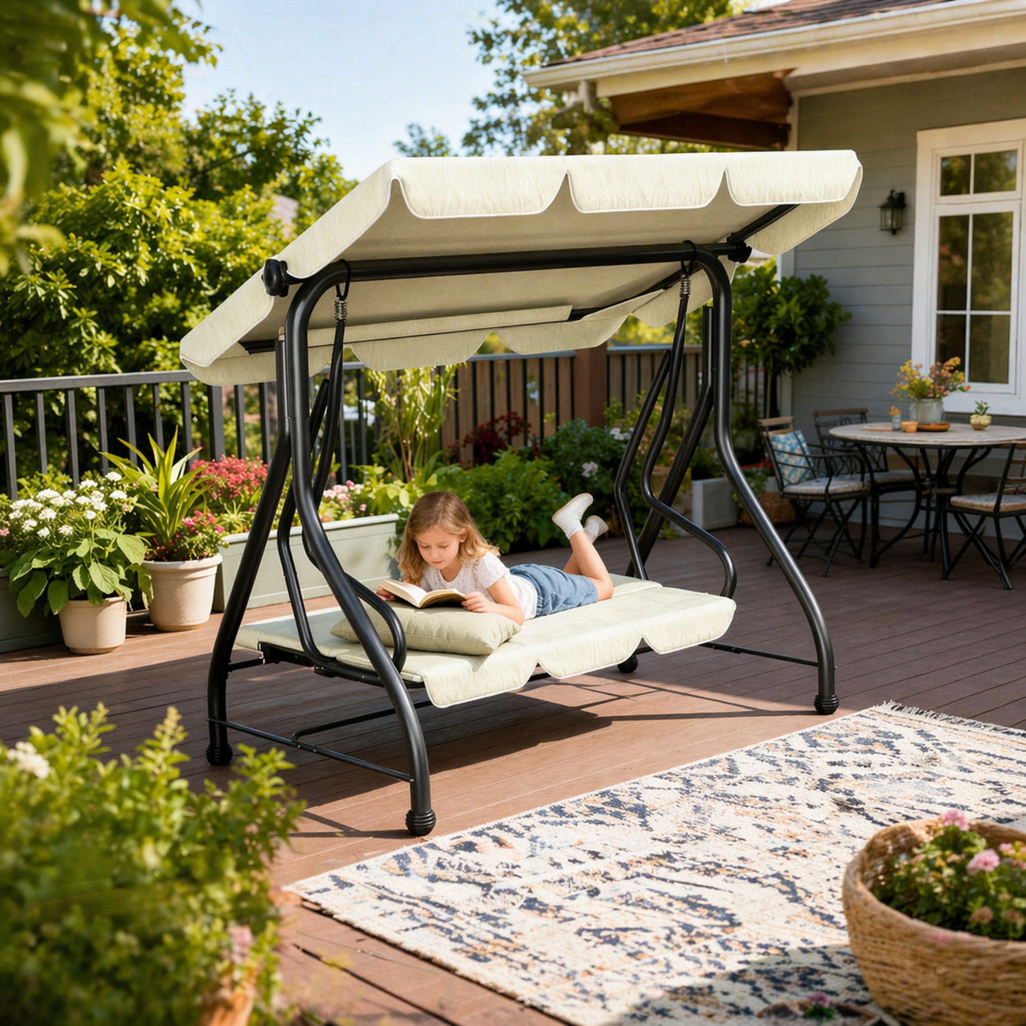 Huracan Hollywoodschaukel 3-Sitzer, Gartenschaukel mit Verstellbarem Sonnendach, 3-Sitzer, 184*119*166cm-Liegefunktion, UV-Schutz Wetterfest, Schaukelbank 220kg Belastbar