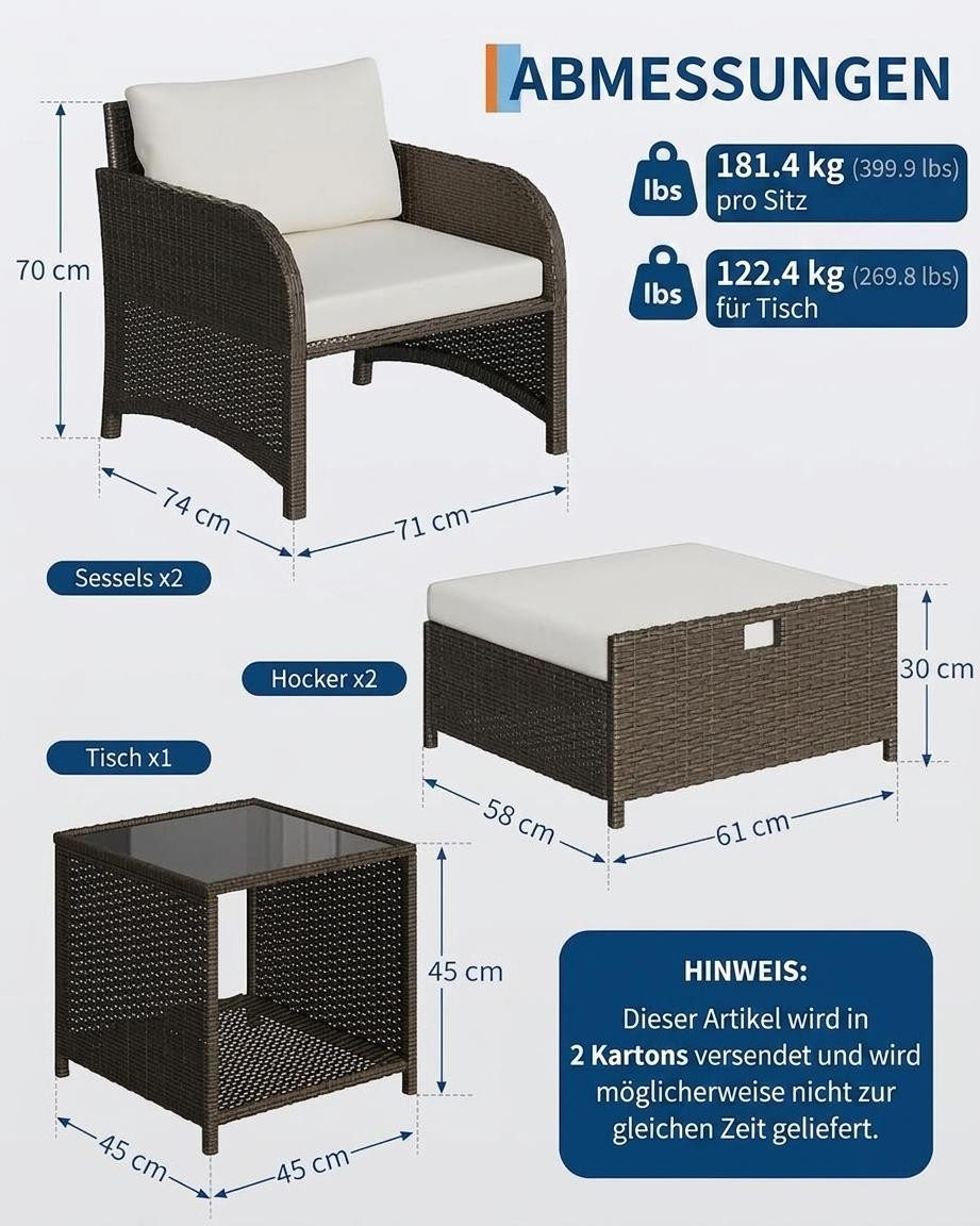 GarveeMore Gartenlounge-Set Terrassenmöbel mit Tisch,5 teilig Rattan Balkonmöbel Kleiner Balkon, Gartenmöbel Set Balkonset 2 Rattansessel mit Hocker,Outdoor Sitzgruppe