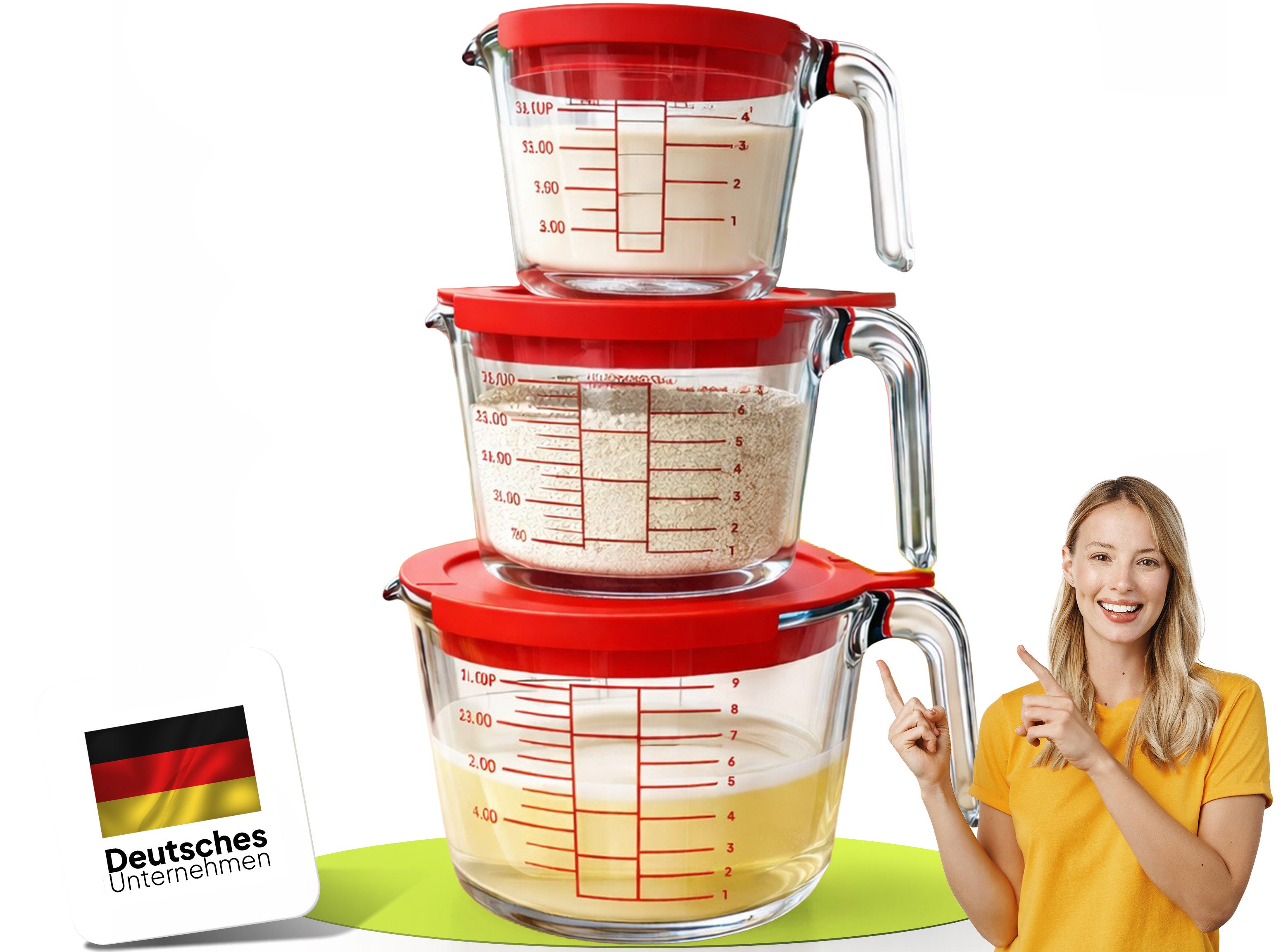 uandu home Frischhaltedose Messbecher Glas Set 3-teilig (1000ml, 500ml, 250ml), (Profi Küchenhelfer zum Backen & Kochen, Spülmaschinenfest, BPA-frei), Hitzebeständiges Borosilikatglas, Auslaufsicherer Ausgießdeckel