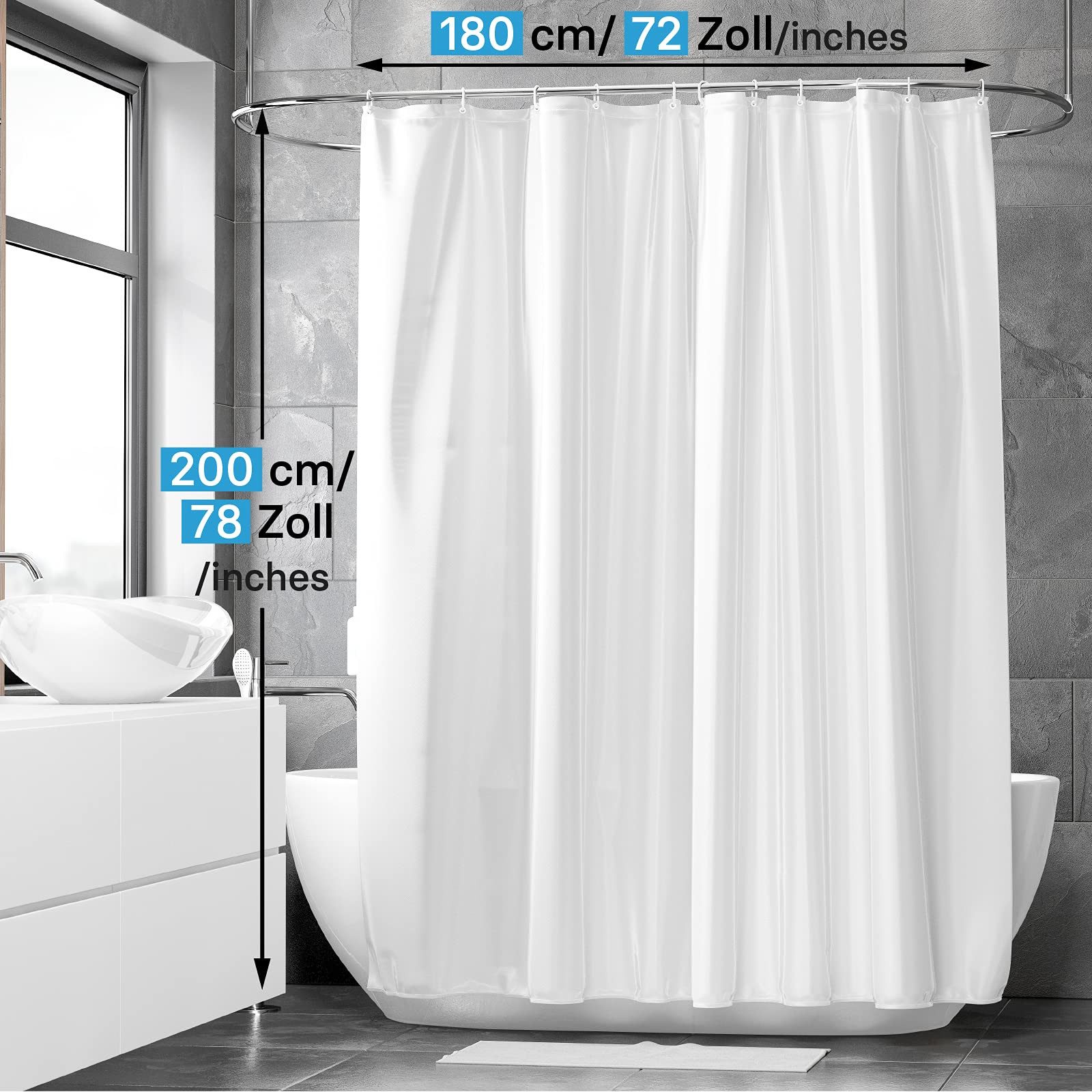VALNEO Duschrollo Duschvorhang Anti-Schimmel 180x200 cm, Weiß, mit Ringen