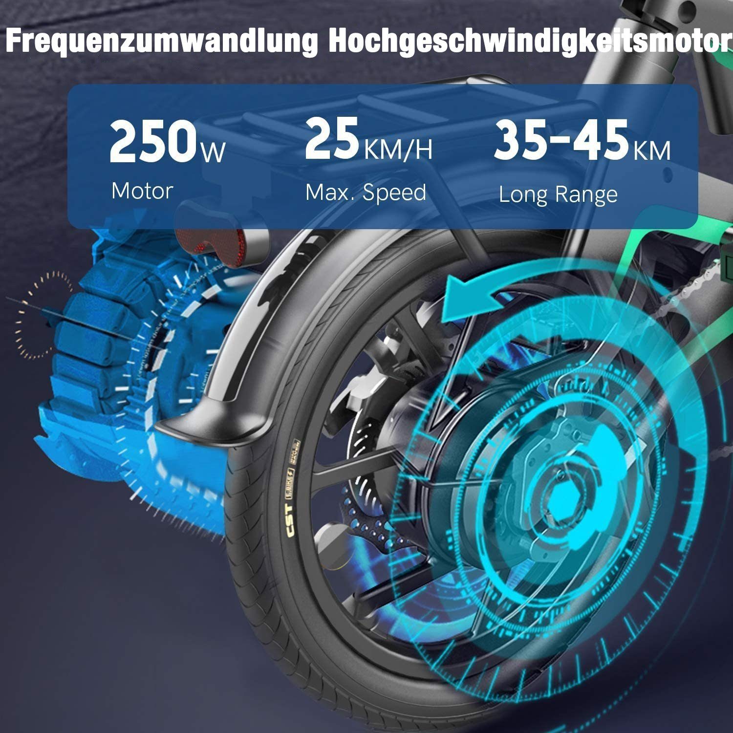 Klapprad Elektrofahrräder Wh 16 E-Bike Wartungsfreie Motor, bürstenlose Ebike Faltrad Zoll, 250W Schwarz Akku, 280 HITWAY Elektrofahrrad
