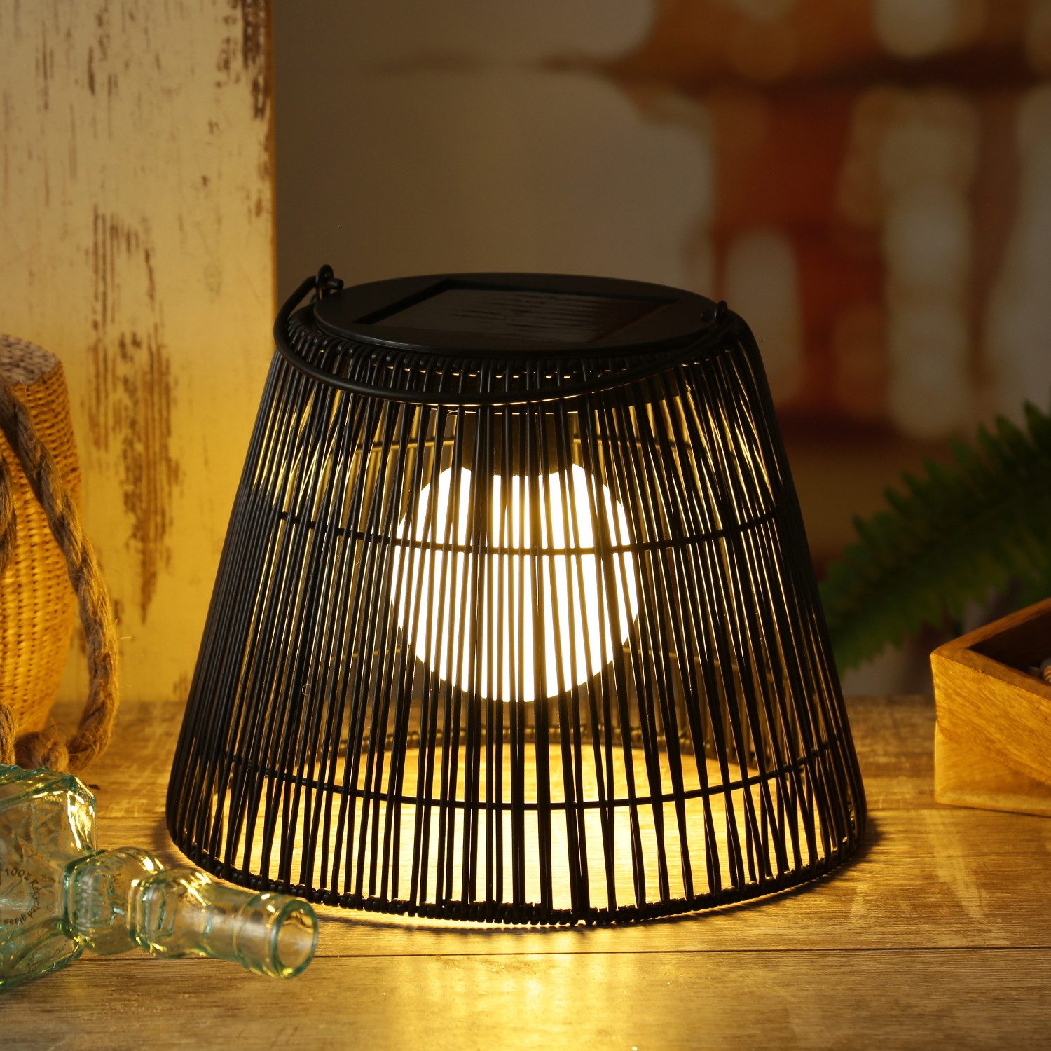 MARELIDA LED Laterne LED Solar Laterne Hängeleuchte in Rattanoptik Solarleuchte schwarz, LED Classic, warmweiß (2100K bis 3000K)