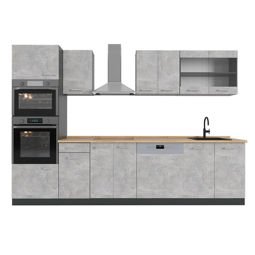 Vicco Küchenzeile R-Line, Beton/Anthrazit, 300 cm mit Hochschrank, AP Eiche