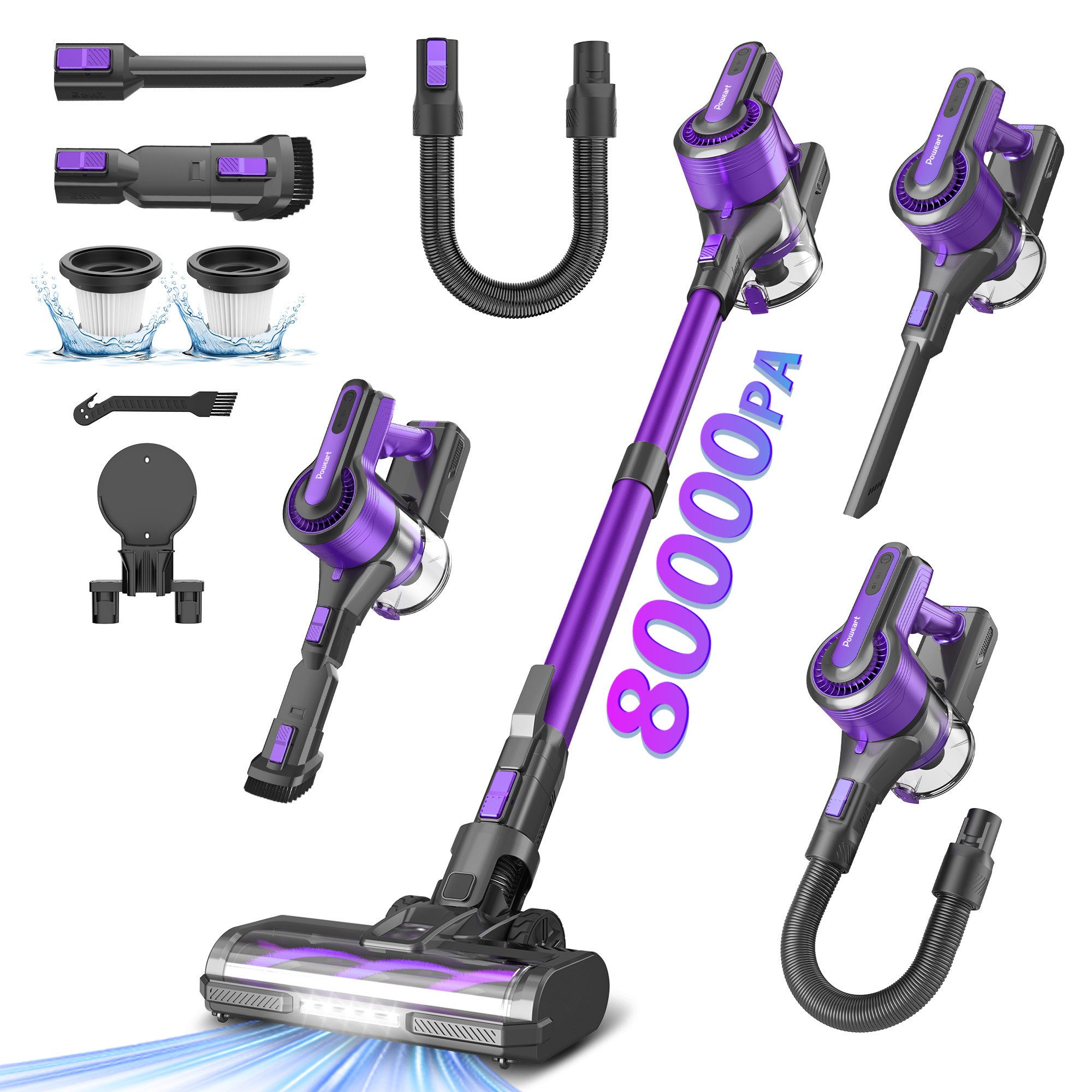 POWEART Akku-Hand-und Stielstaubsauger 80000Pa Akku Staubsauger 650W/60Min, 2L Staubsauger Kabellos, mit Beutel, 50dB leise/5-Stufen-Filter/OLED Display,Ideal für Böden/Teppiche/Auto