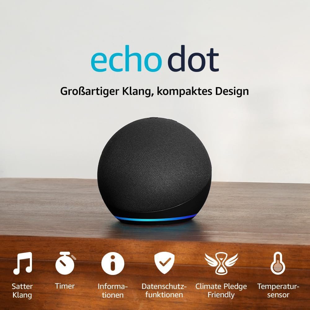 Amazon Echo Dot (Neueste Generation), Alexa mit sattem Klang Lautsprecher (WLAN, Bluetooth, 15 W, Smart-Home-Steuerung, Präzise Stimmerkennung)