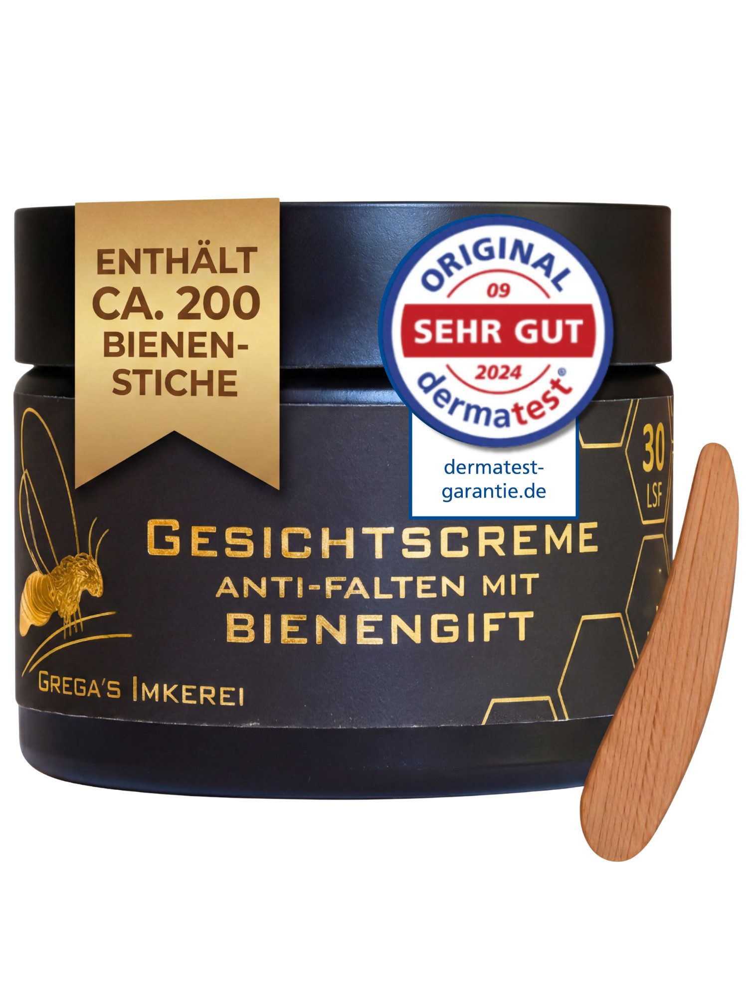 Grega´s Imkerei Anti-Aging-Creme Bienengift Manuka Hyaluron Creme 50 ml im Derma Test „Sehr gut“ Hochdosiert (entspricht ca. 200 Bienenstichen), 1-tlg., 50 ml Glastiegel inkl. Massivholz Cremspatel