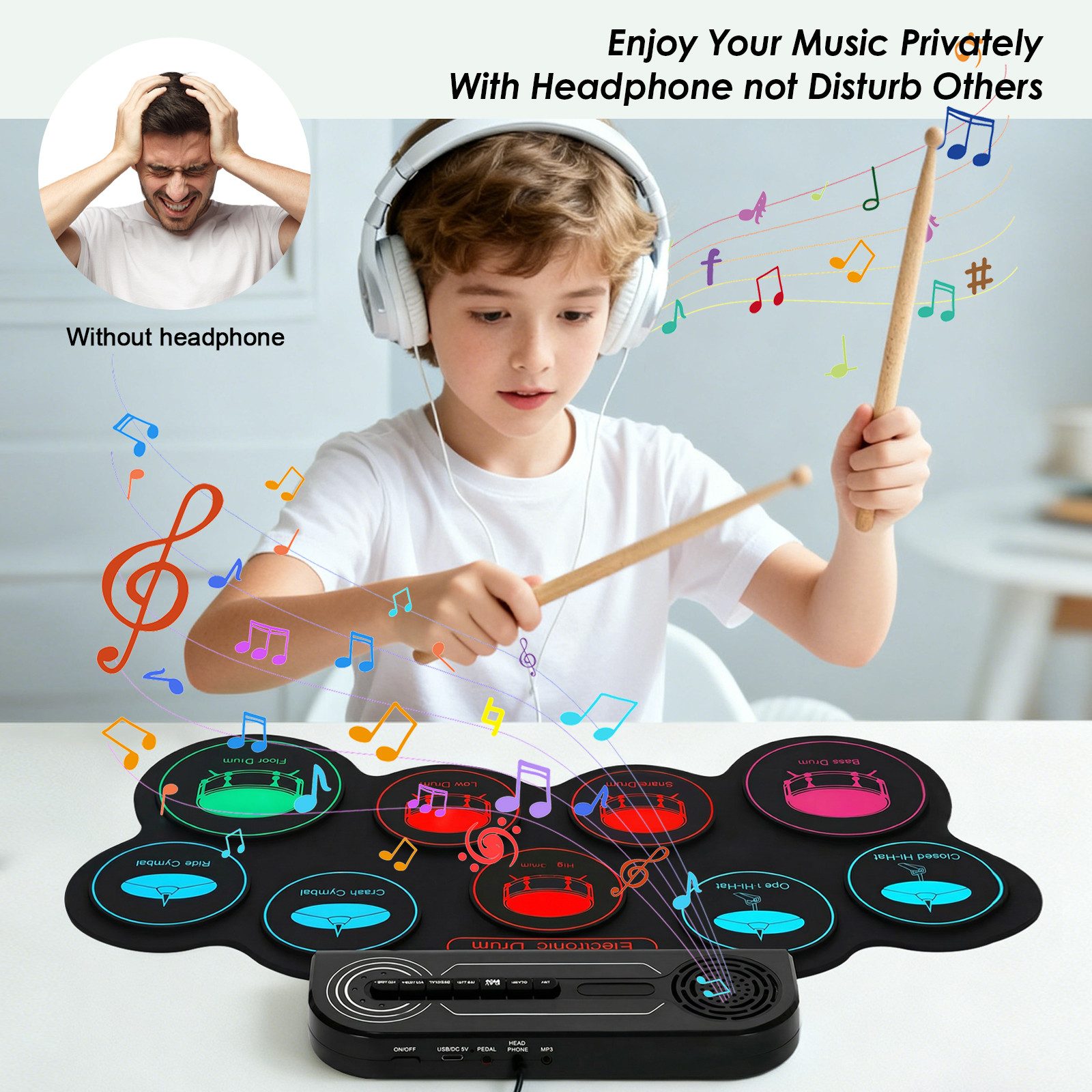 Fine Life Pro Schlagzeug Tragbares Elektronisches Schlagzeug –, 9 Drum Pads mit Metronom & Pedalsteuerung, 8 Demo-Stücke, Wiederaufladbarer Akku für Anfänger & Profis