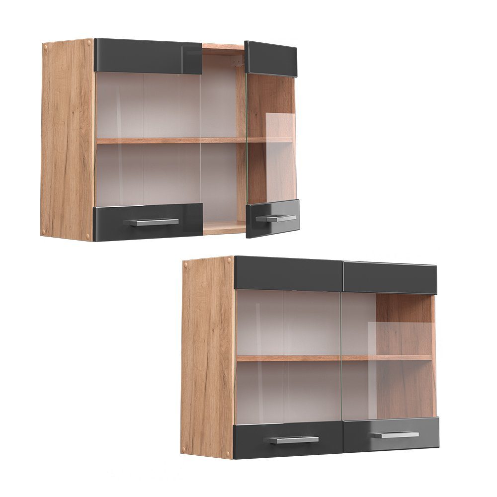 Vicco Hängeschrank Hochglanz Goldkraft Eiche 80 cm Anthrazit Anthrazit R-Line Hängeglasschrank