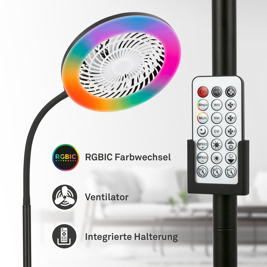 Briloner Leuchten Stehlampe Standventilator mit Licht Fernbedienung Dimmbar CCT RGB IC Farbwechsel, LED fest integriert, 6500K - Kaltweiß, 4000K - Neutralweiß, 3000K - Warmweiß, 28 x 185 cm, Wohnzimmer, Schlafzimmer, Büro