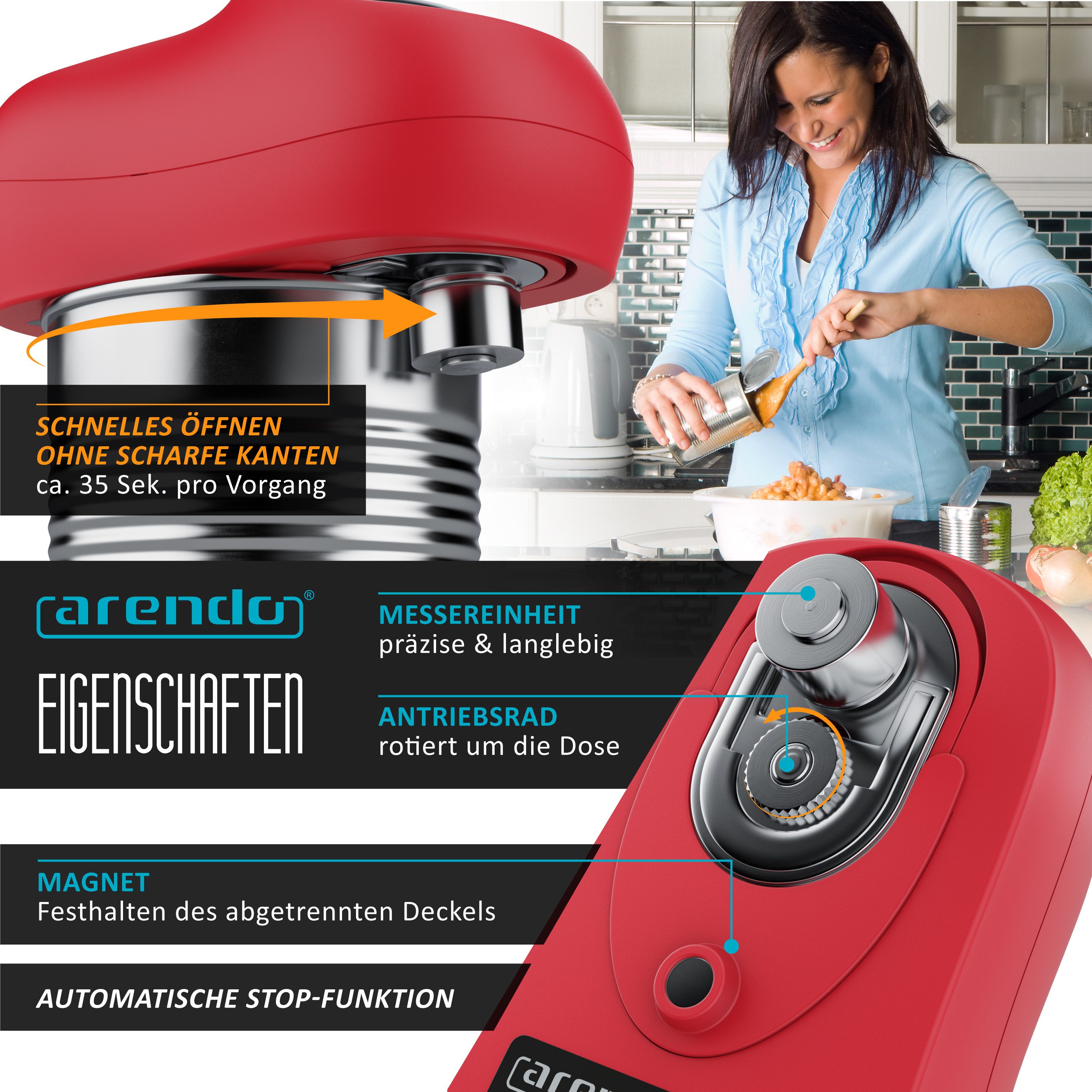 Arendo Elektrischer Dosenöffner Deckelöffner, Büchsenöffner für alle Dosengrößen, Öffnung ohne scharfe Kanten, automatische 360° Drehung, Automatikstopp