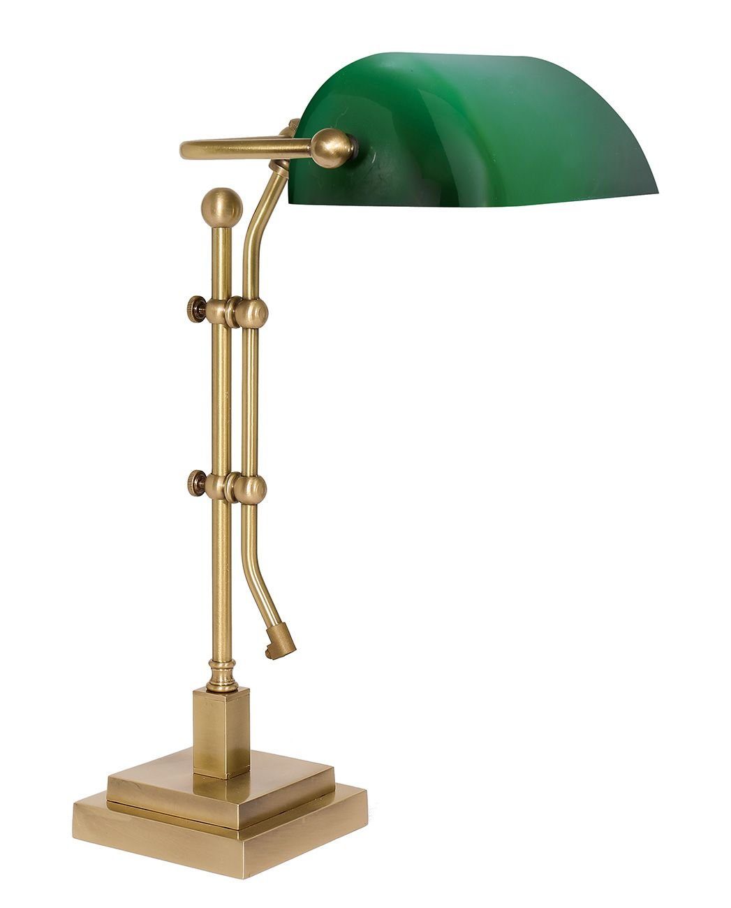 Licht-Erlebnisse Schreibtischlampe MINISTERO, ohne Leuchtmittel, Handgefertigte Bankerlampe Echt-Messing Glas in Bronze hell Grün