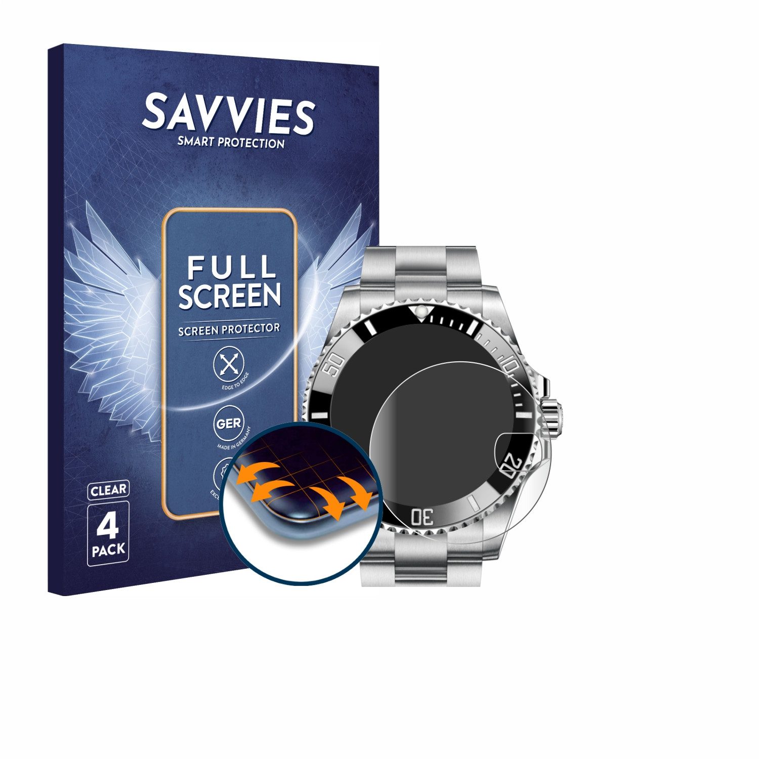 Savvies Displayschutzfolie Fullscreen Schutzfolie für Rolex Submariner 16610 (Date), 4 Stück, Displayschutz Folie Fullcover Klar Transparent