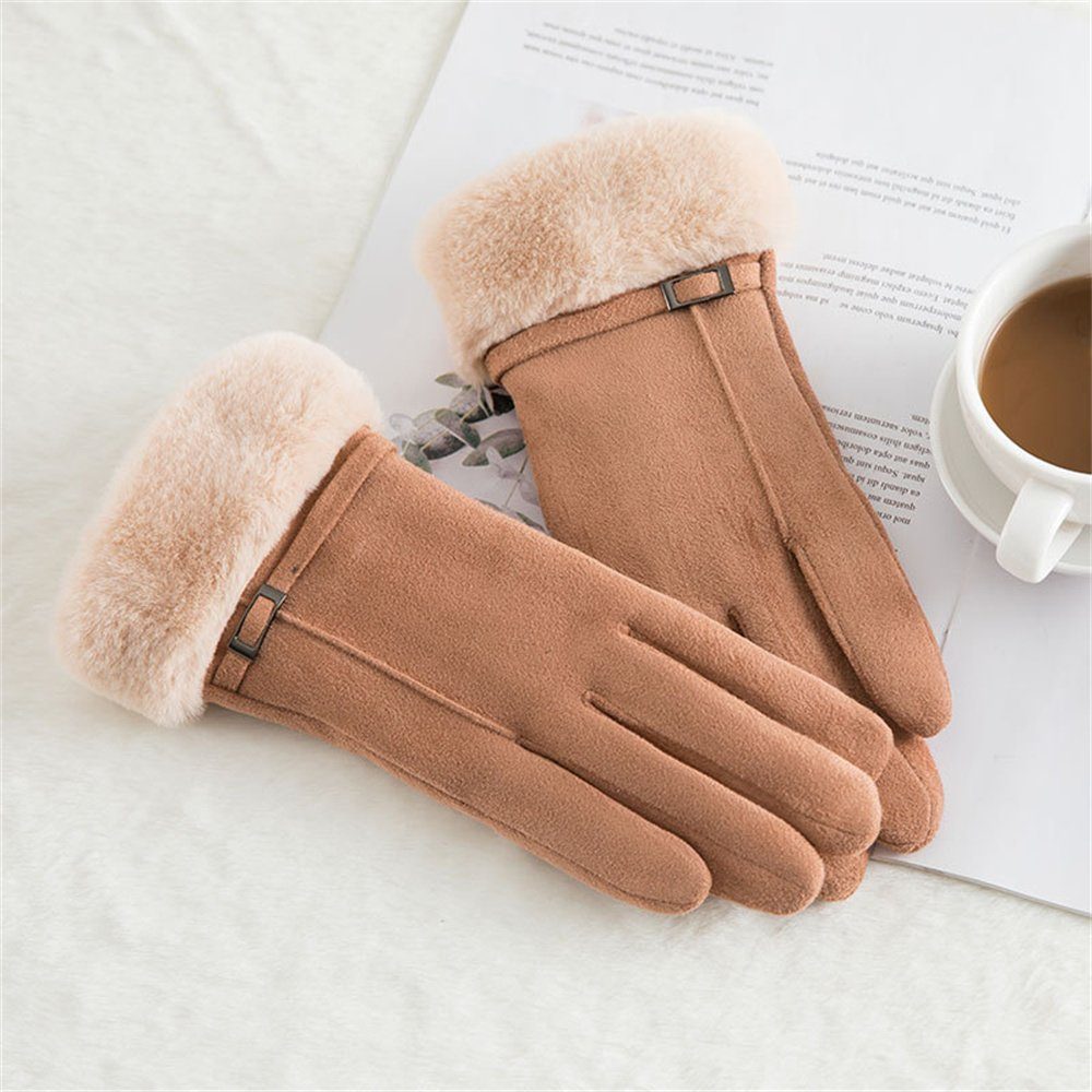 warme Rouemi Plüsch-Wildleder-Handschuhe Damen-Mode-Handschuhe, Lederhandschuhe Braun