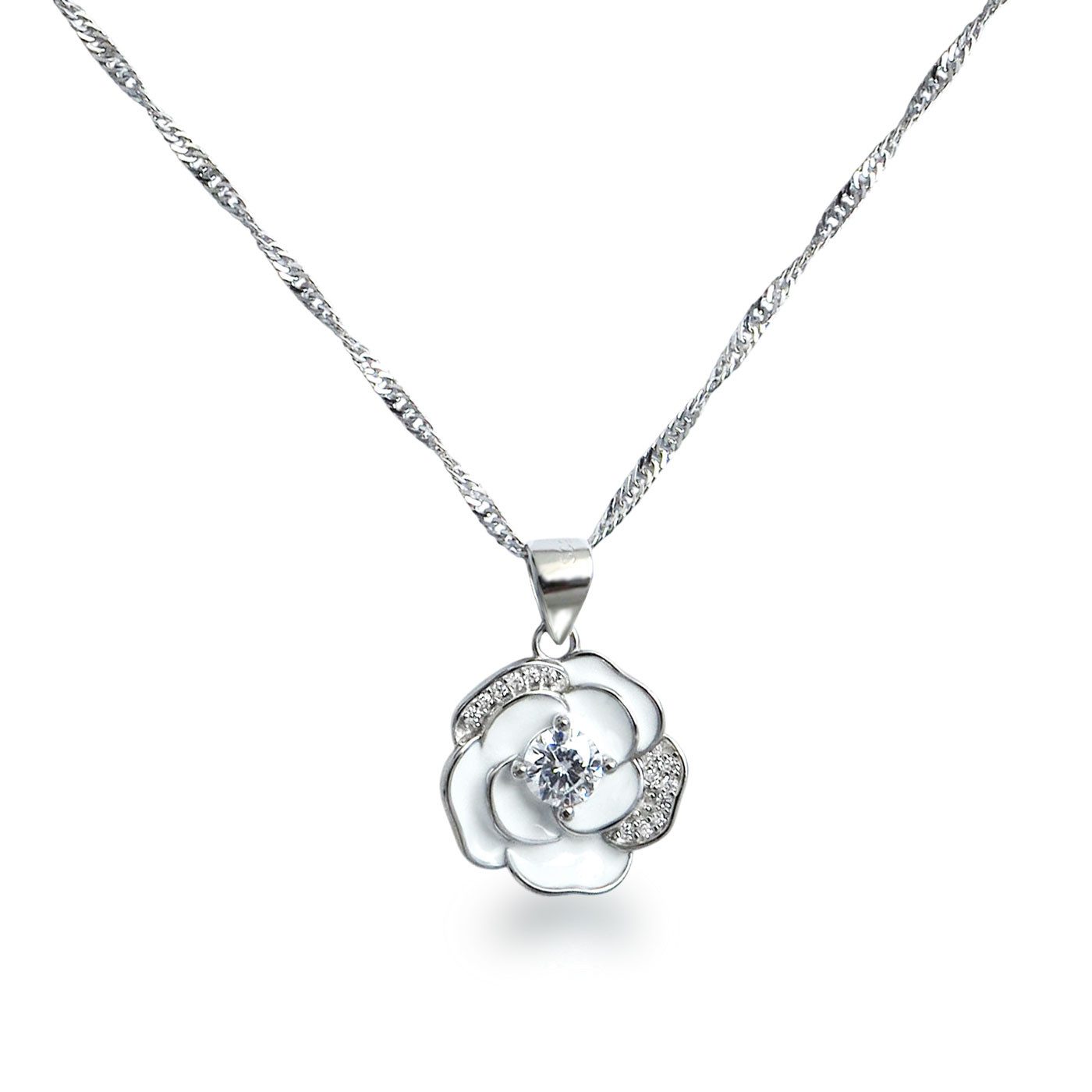 Kette mit Anhänger 925 Silber Halskette mit weißer Emaille-Blüte und Zirkonia