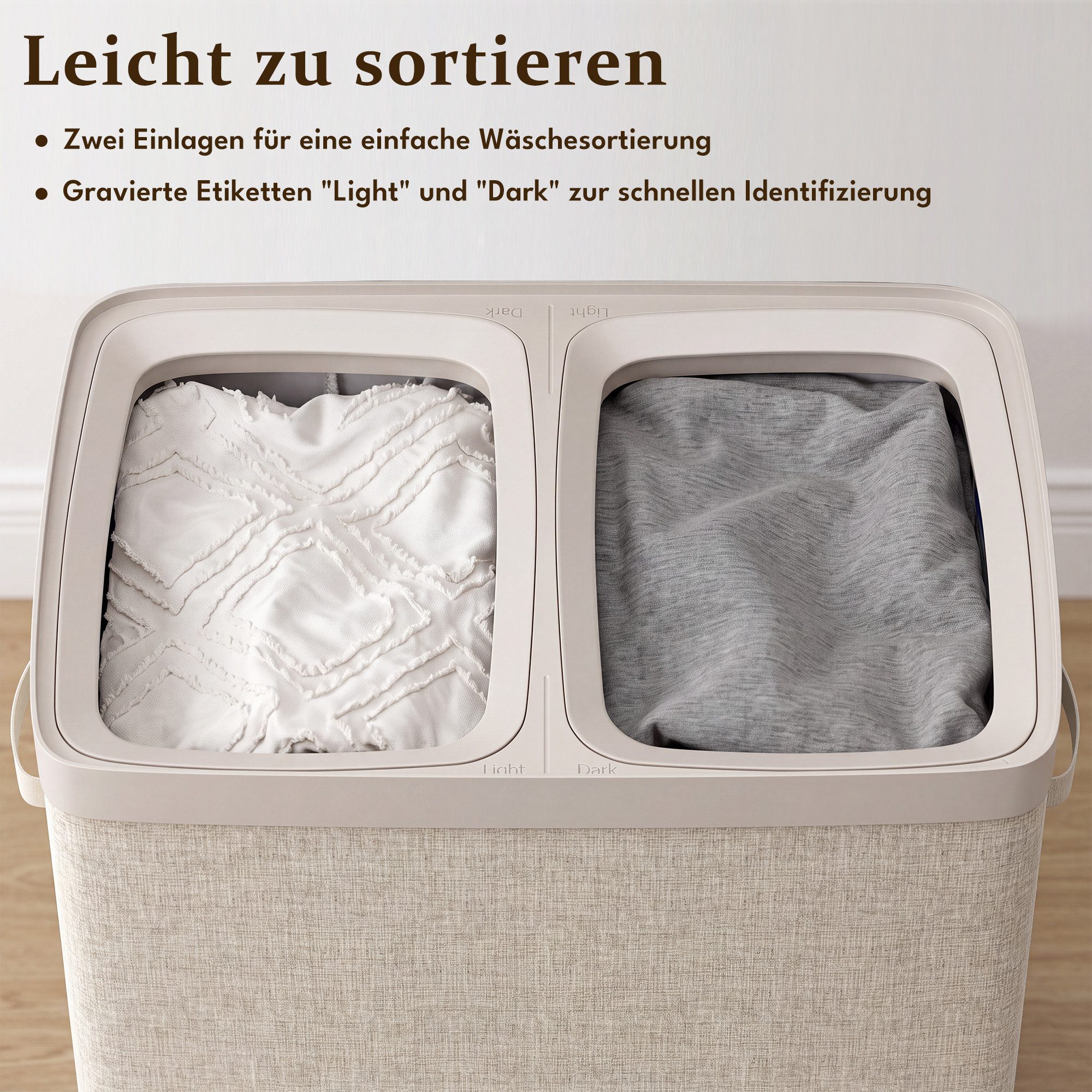 Hausright Wäschekorb 100L mit Deckel, 2 Fächer, herausnehmbare Wäschesäcke, faltbar, 56 × 40 × 67 cm, Farbtrennung, Tragegriffe, einfache Montage