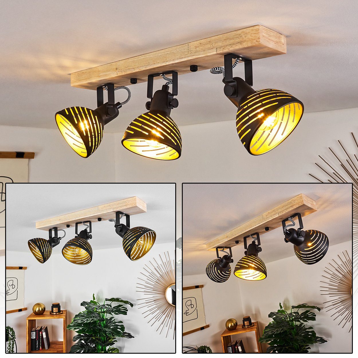 Natur/Schwarz, Retro/Vintage, hofstein 3xE14 »Mitterthal« verstellbare Deckenlampe Deckenleuchte in Leuchtmittel, Holz/Metall ohne aus Lichteffekt, Strahler,Gitter-Optik,