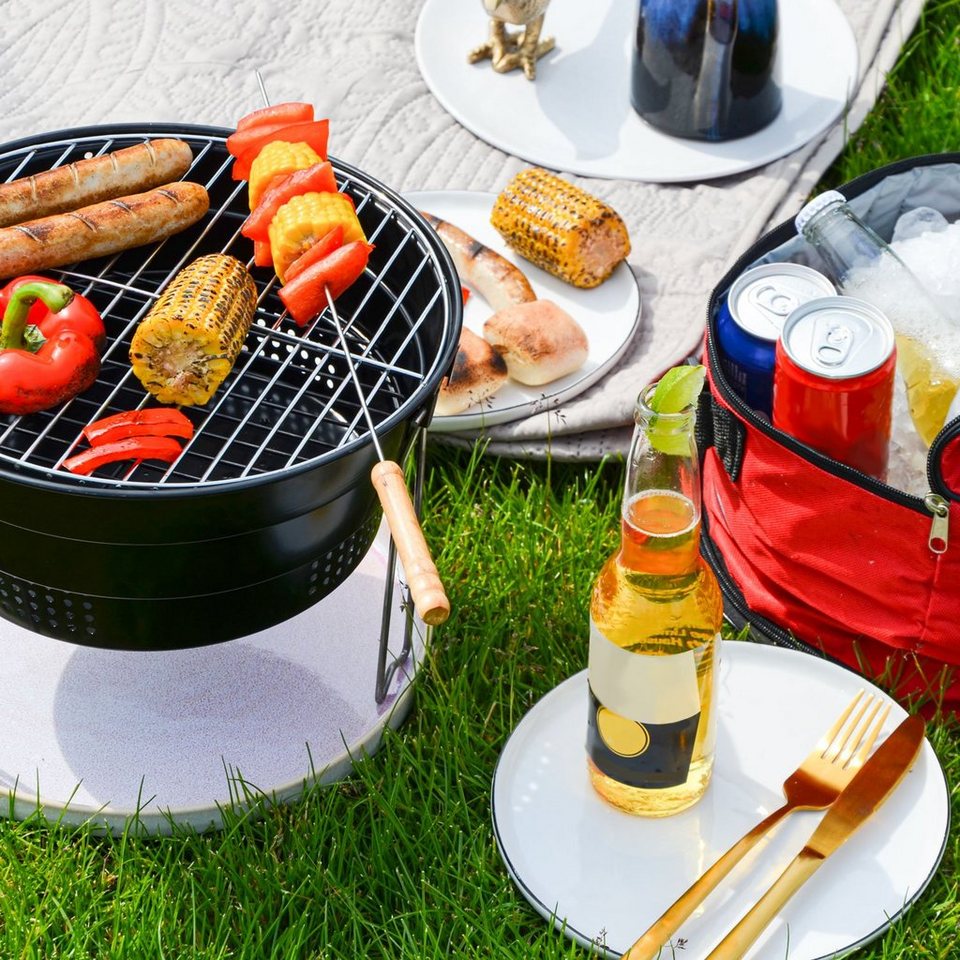 eyepower Holzkohlegrill Faltbarer BBQ Grill mit Kühltasche Ø 28cm,  Holzkohlegrill Campinggrill Klappbar