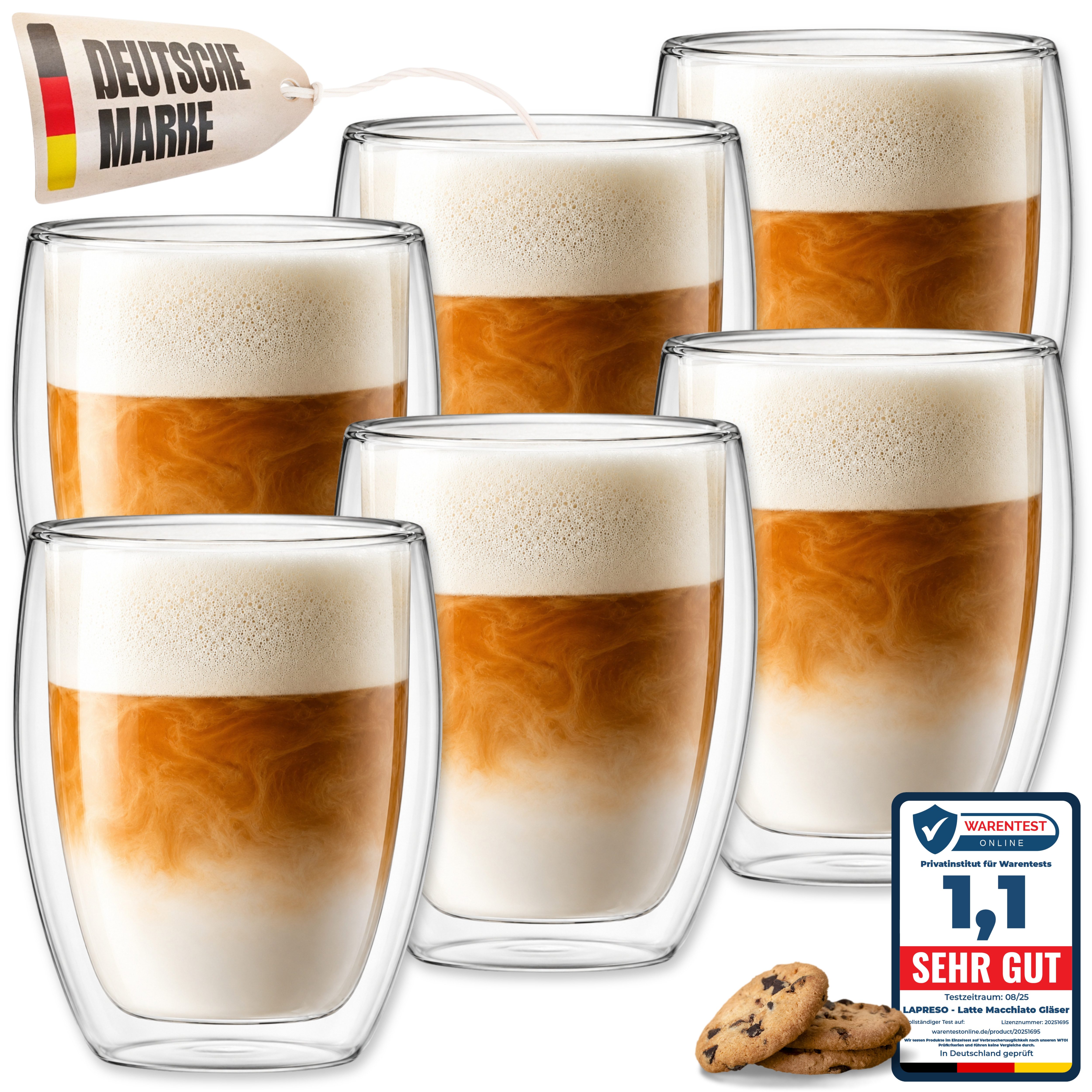 LAPRESO Latte-Macchiato-Glas Doppelwandig, Thermogläser Kaffeegläser Set 350 & 450 ml, 6-tlg., Borosilikatglas, 6er Set