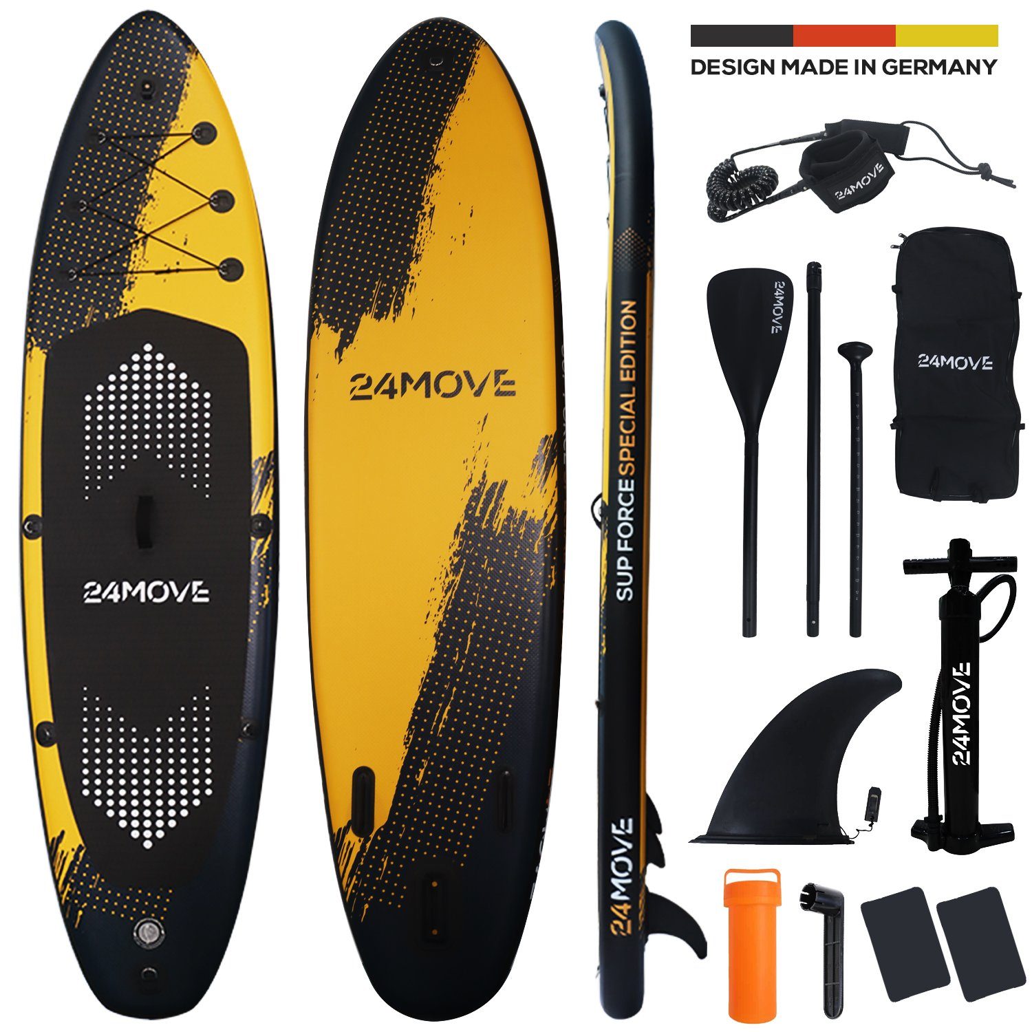24Move SUP-Board Supboard Set, Premium Stand Up Paddleboard aufblasbar, inkl. Zubehör, Longboard, (Rucksack, Paddel, Action Cam ready, Doppelhub Pumpe, Sicherungsleine, 6 tlg., für Kinder & Erwachsene, SPECIAL FORCE, 320x76, bis 180 kg), mit Drop Stich Technologie und Anti-Rutsch Oberfläche
