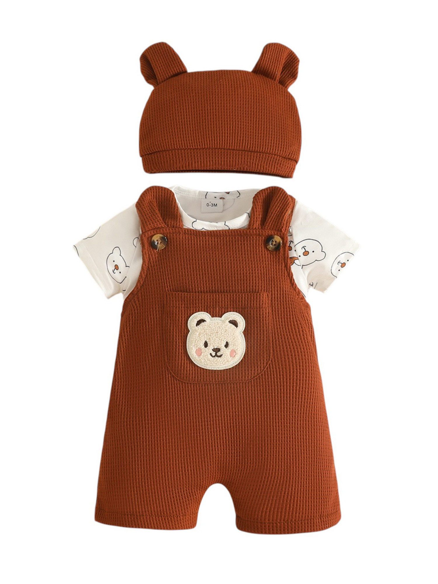 Lapastyle Strampler Baby Jungen Freizeitanzug, Sommer Set für Neugeborene mit Bärenabdruck (Set, 3-tlg) Kurzarmshirt & Latzhose & und Mütze, Niedliches Set, Festliche Kostüme