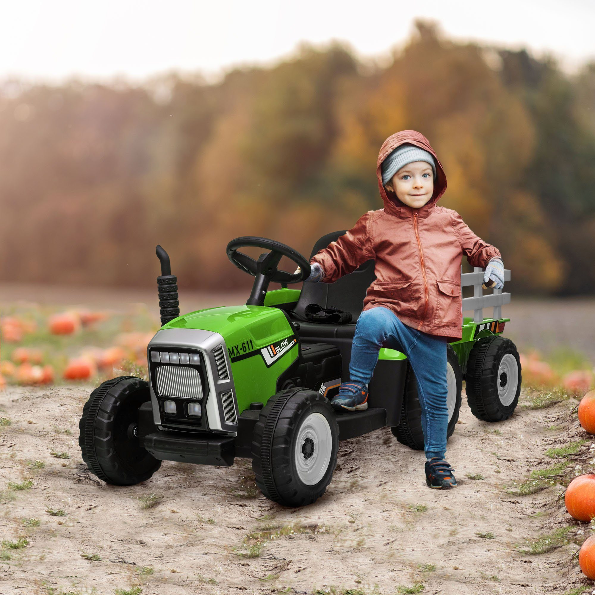 HOMCOM Elektro-Kinderauto Elektrischer Traktor, mit Anhänger, mit Fernbedienung, Belastbarkeit 30 kg, (2-tlg), für 3-6 Jahre Kinder, Grün
