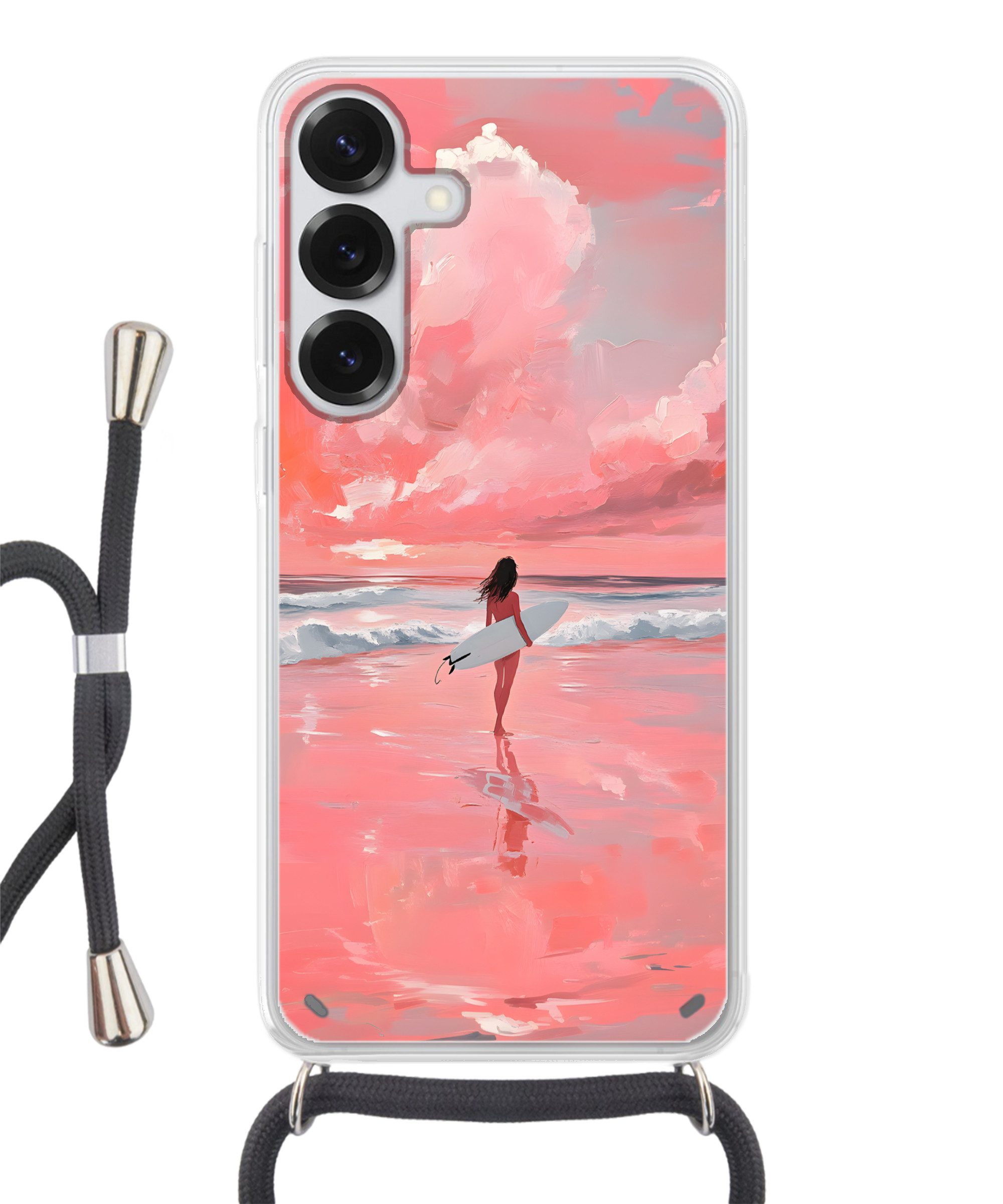MuchoWow Handyhülle für Samsung Galaxy S25 Rosa - Surfen - Meer, Tragbare Handyhüllen mit Kette zum umhängen, Handykette Handyband