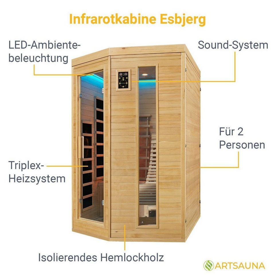 Artsauna Infrarotkabine Esbjerg Triplex-Heizsystem, für 2 Personen,  Hemlock-Holz, Ionisator, HiFi-System, LED-Farblicht
